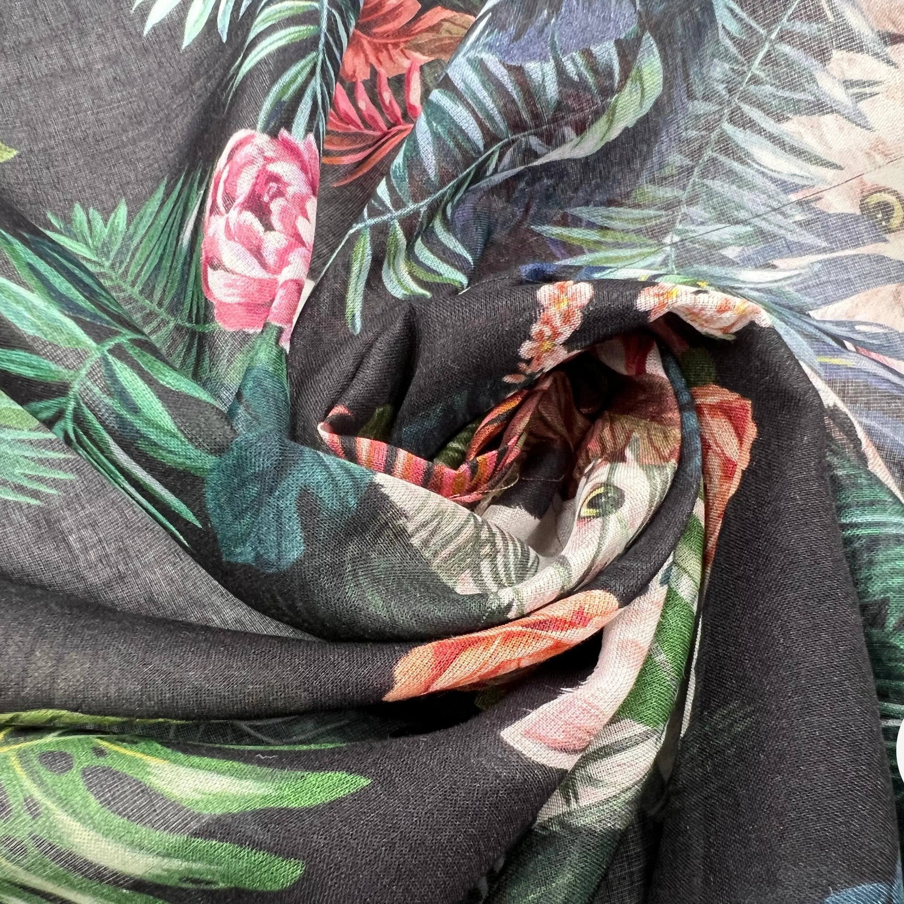 VOILE DE COTON IMPRIMÉ BOUQUETS ET RAMAGES FOND NOIR - My Little Coupon - tissu - coudre