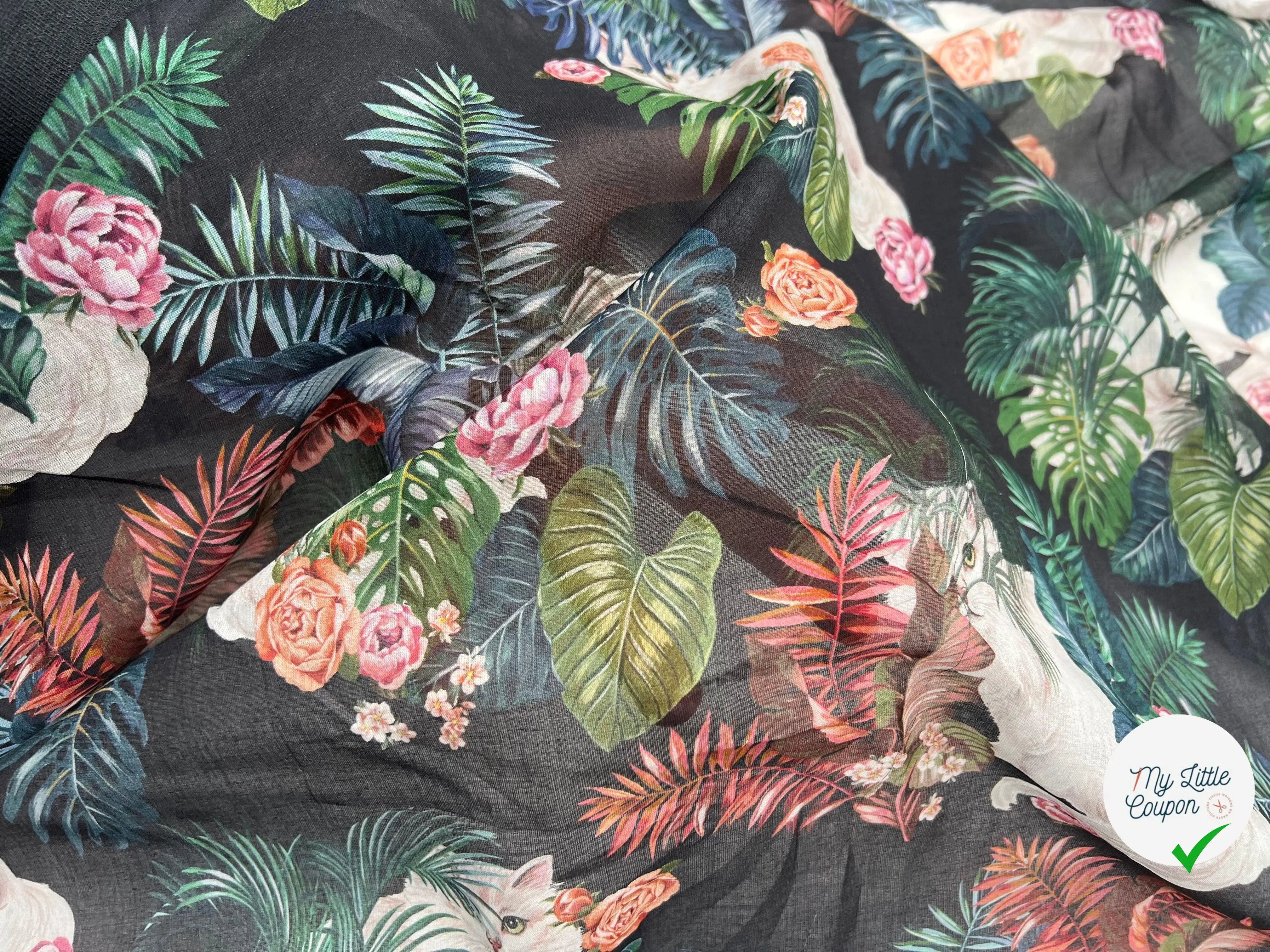 VOILE DE COTON IMPRIMÉ BOUQUETS ET RAMAGES FOND NOIR - My Little Coupon - tissu - coudre
