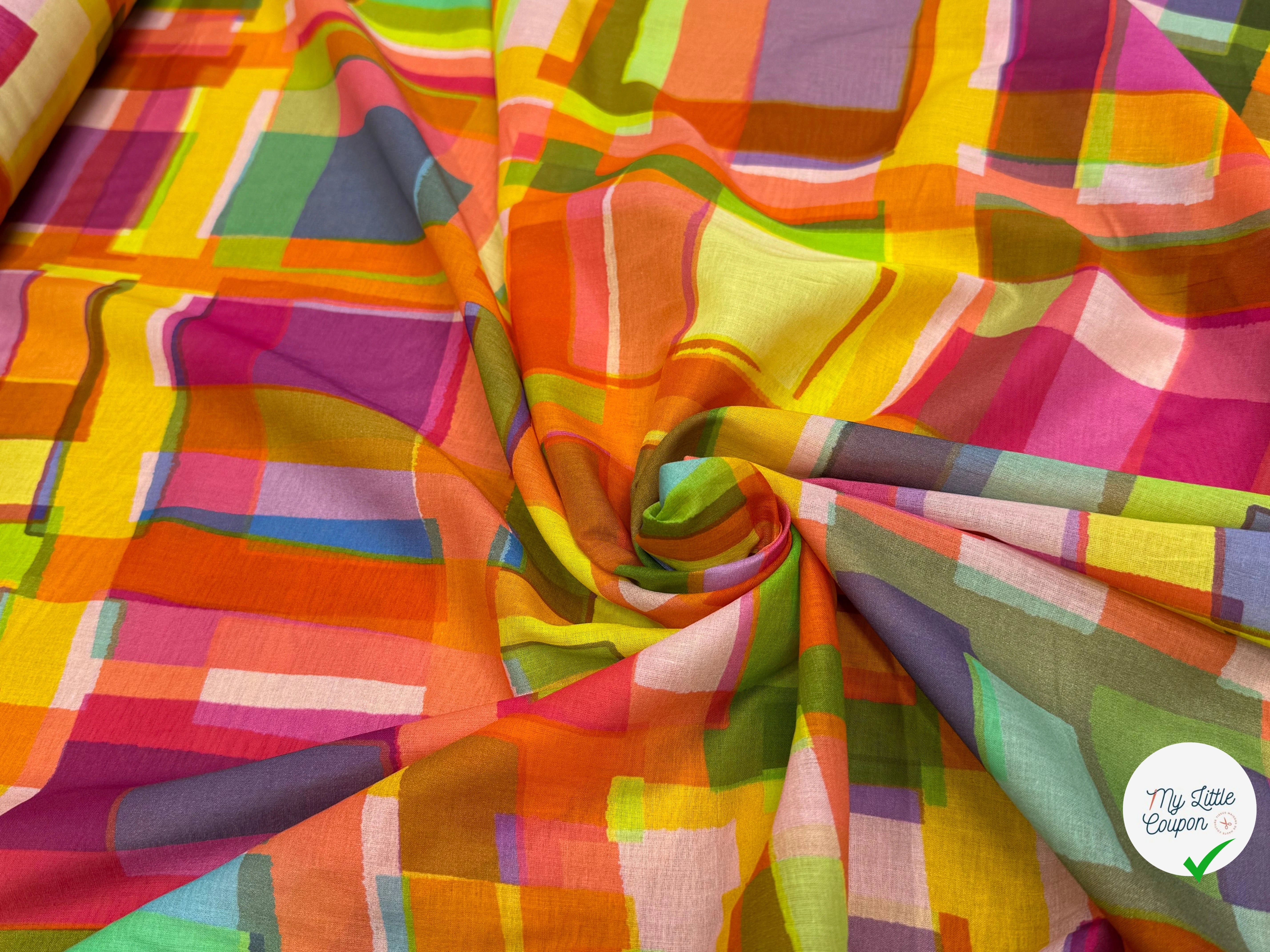VOILE DE COTON LEGER PLEXI IMPRIMÉ CARREAUX MULTICOLORE - My Little Coupon