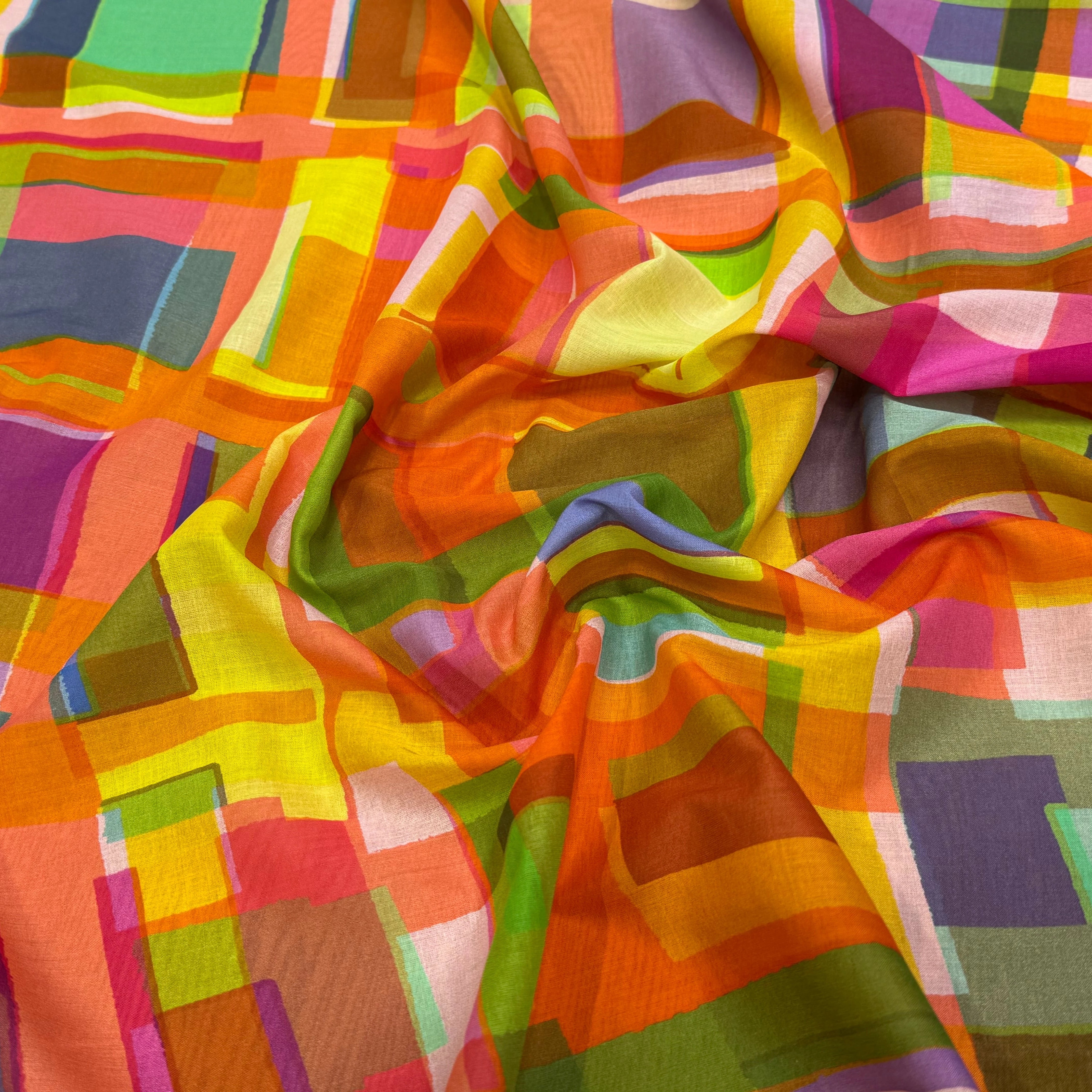 VOILE DE COTON LEGER PLEXI IMPRIMÉ CARREAUX MULTICOLORE - My Little Coupon