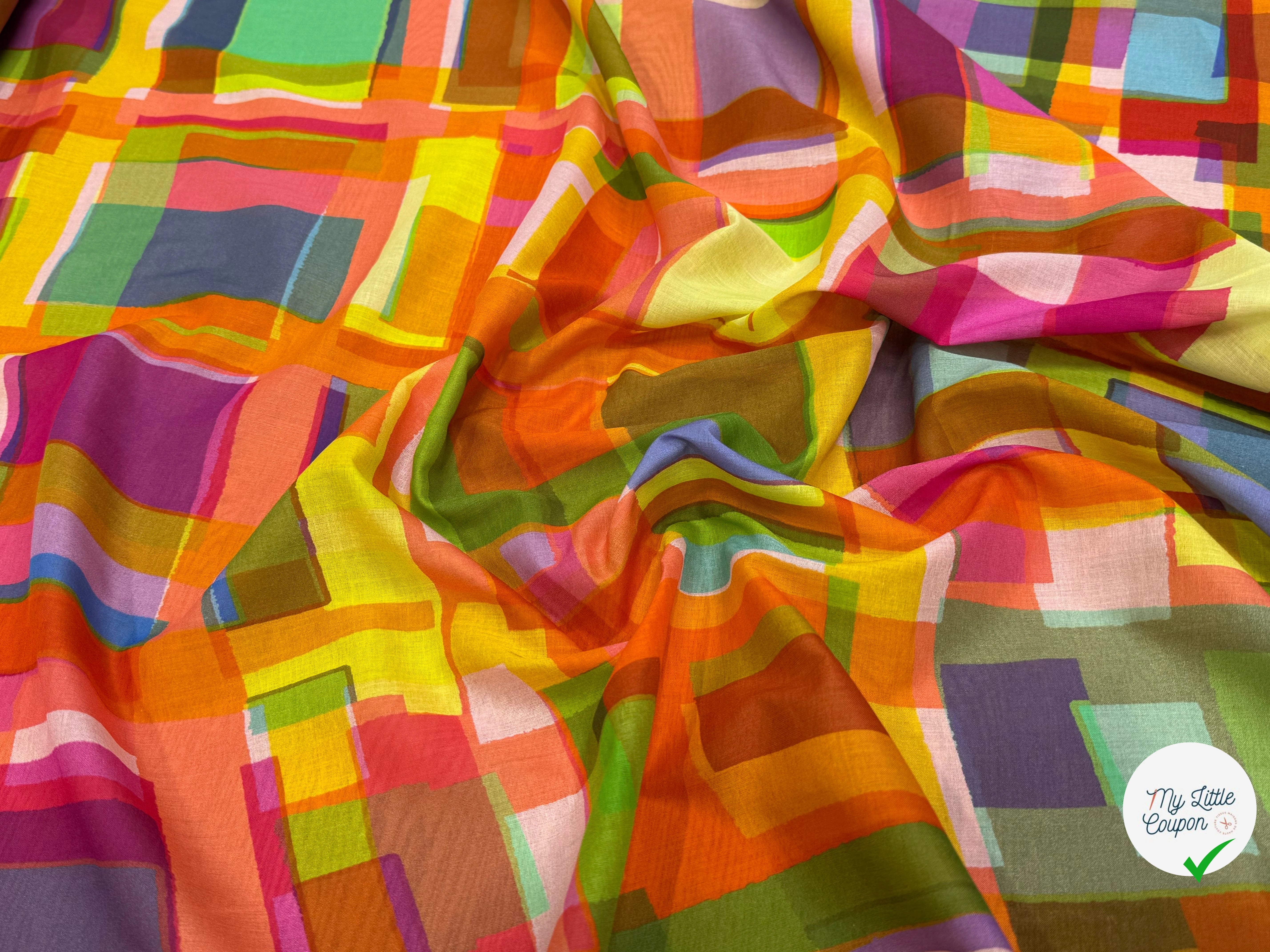 VOILE DE COTON LEGER PLEXI IMPRIMÉ CARREAUX MULTICOLORE - My Little Coupon