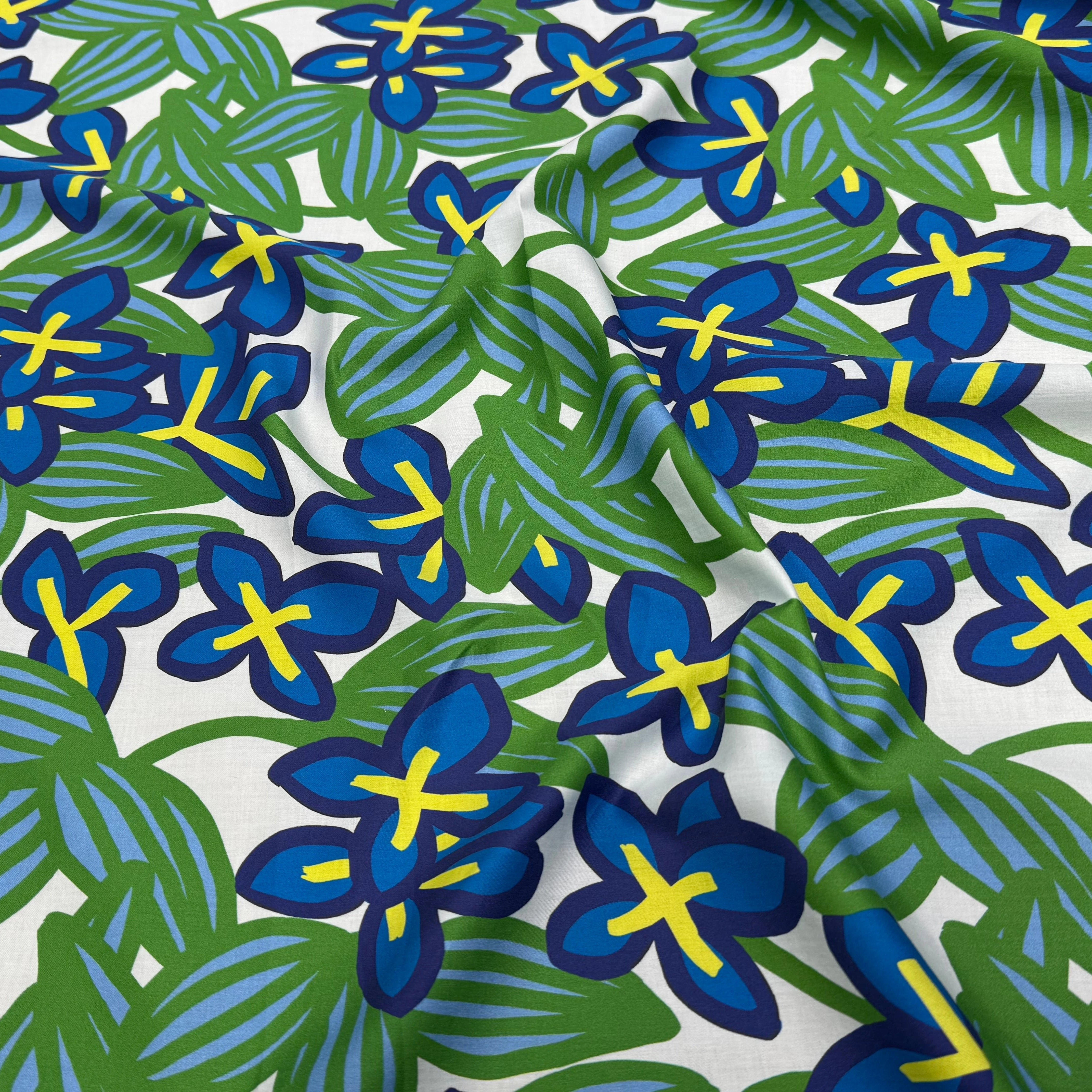 VOILE DE COTON NINFEA BOSQUET IMPRIMÉ FLORAL VERT/BLEU - My Little Coupon