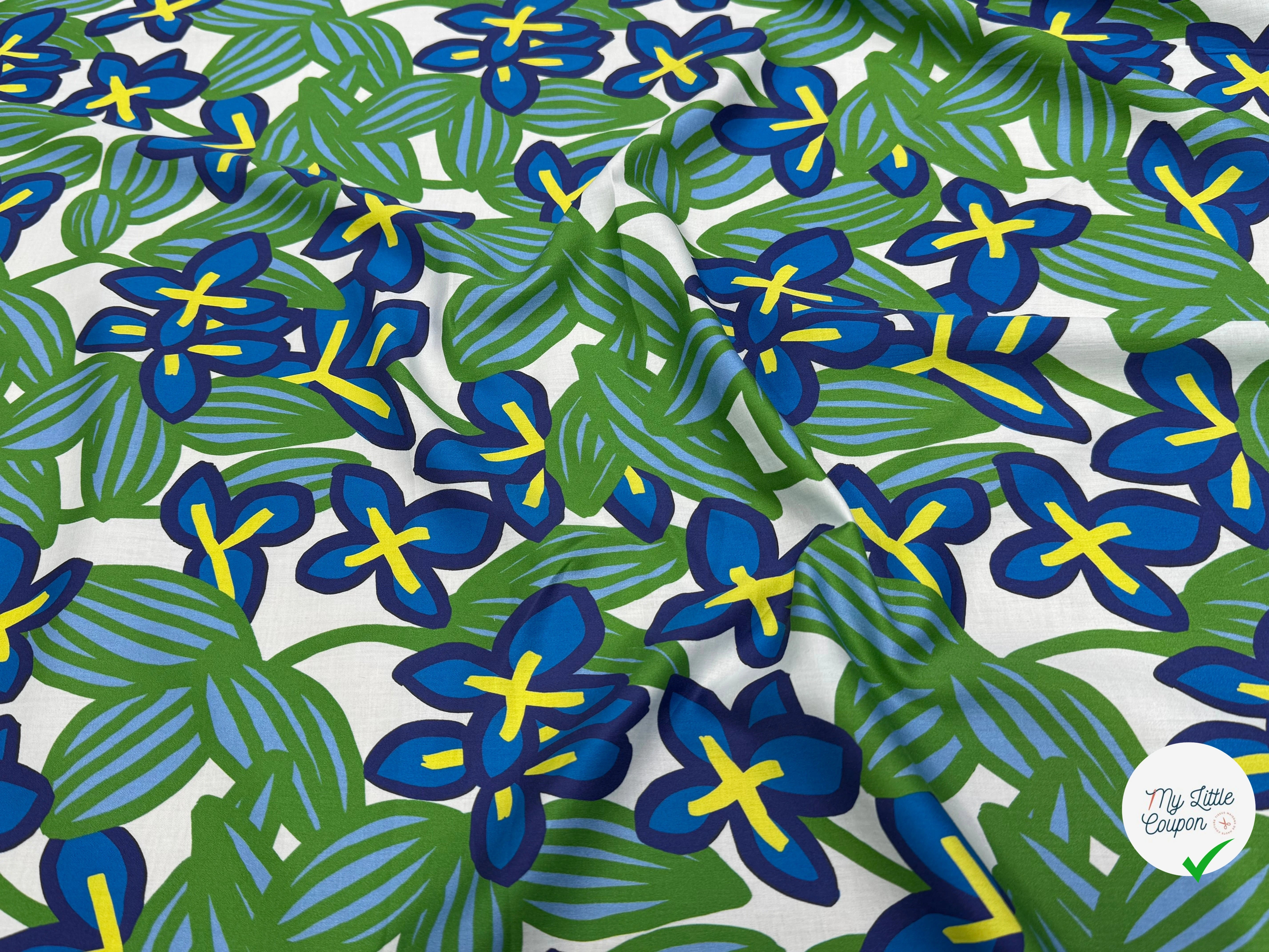 VOILE DE COTON NINFEA BOSQUET IMPRIMÉ FLORAL VERT/BLEU - My Little Coupon