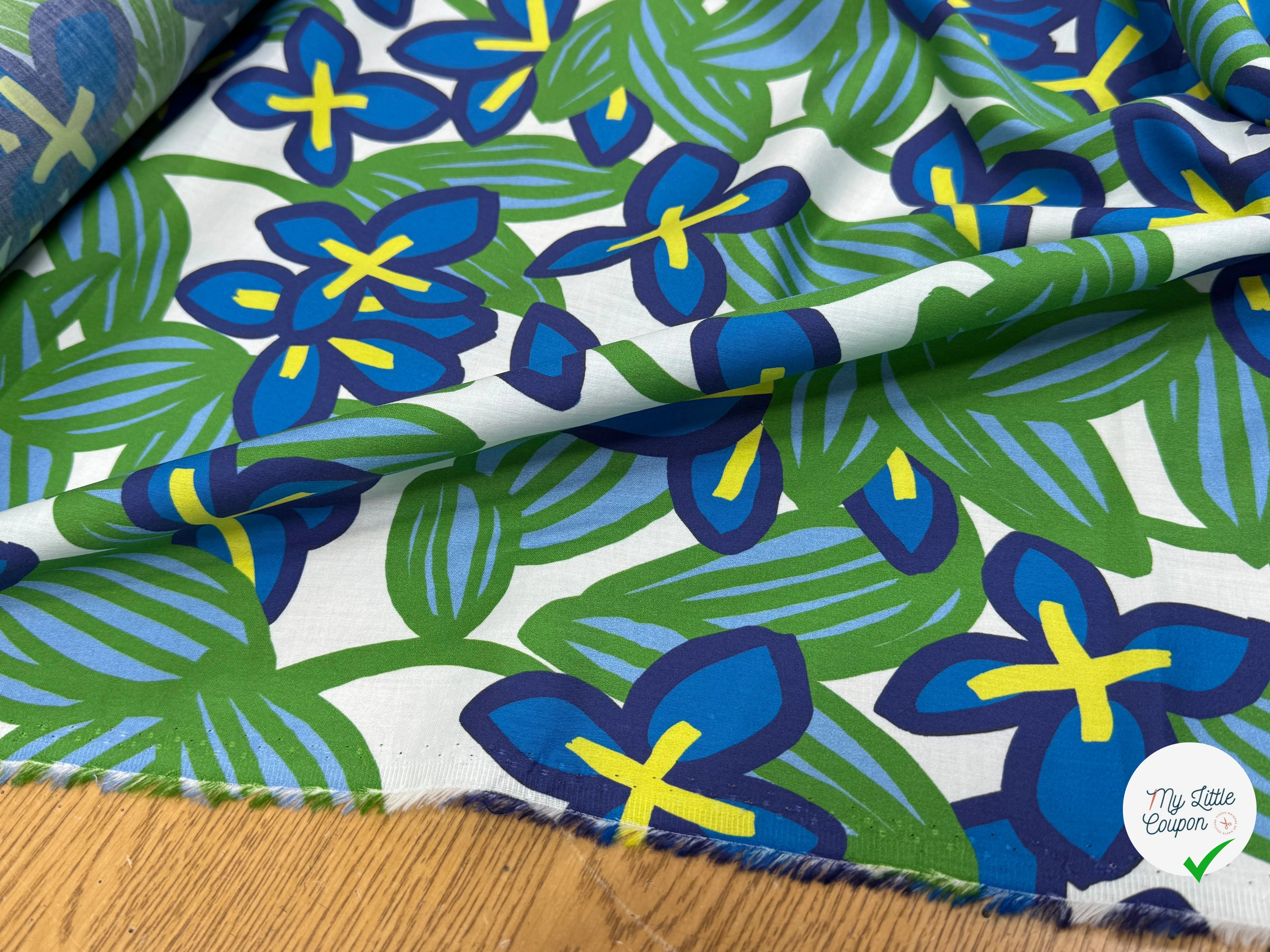 VOILE DE COTON NINFEA BOSQUET IMPRIMÉ FLORAL VERT/BLEU - My Little Coupon