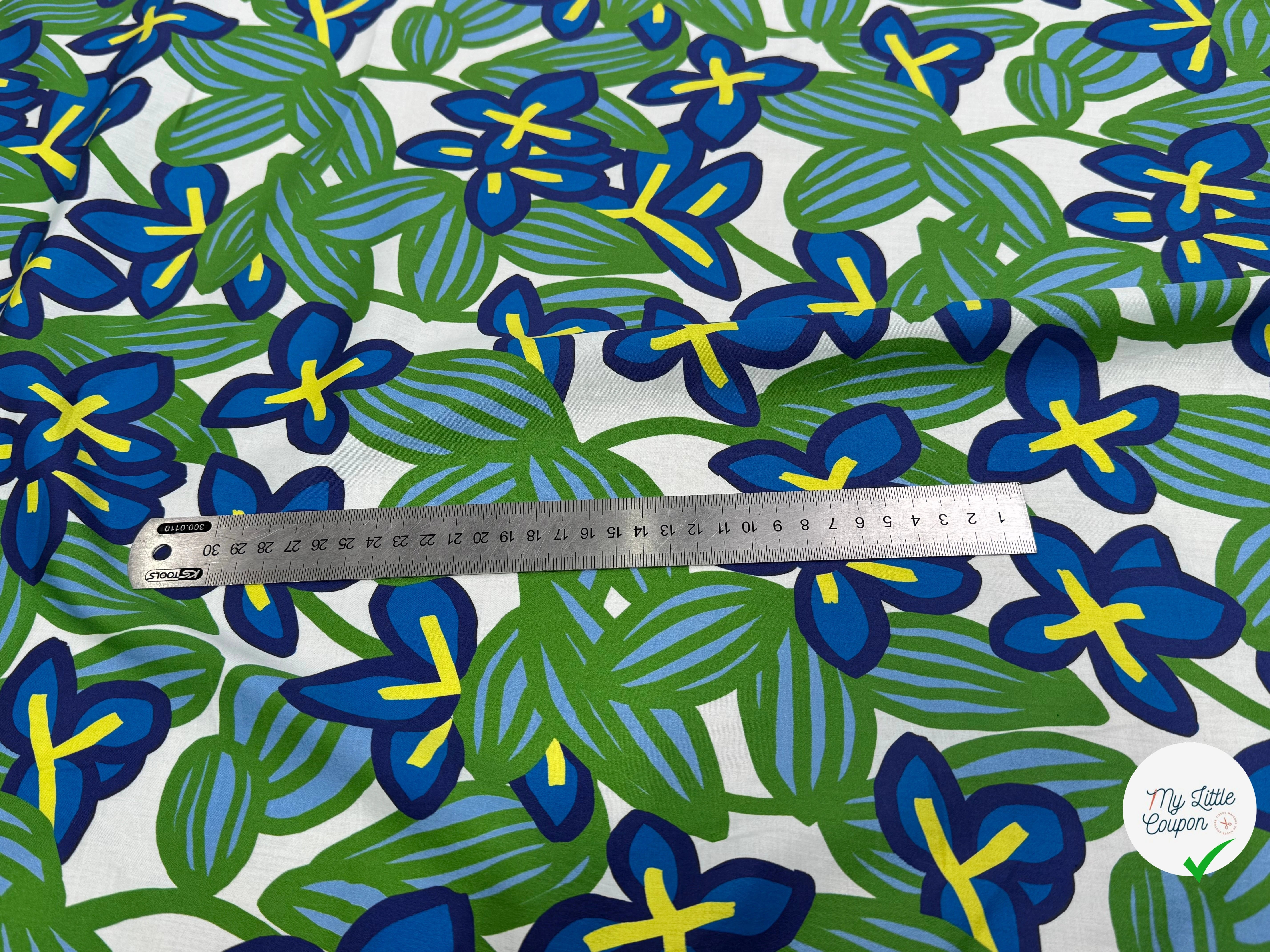 VOILE DE COTON NINFEA BOSQUET IMPRIMÉ FLORAL VERT/BLEU - My Little Coupon