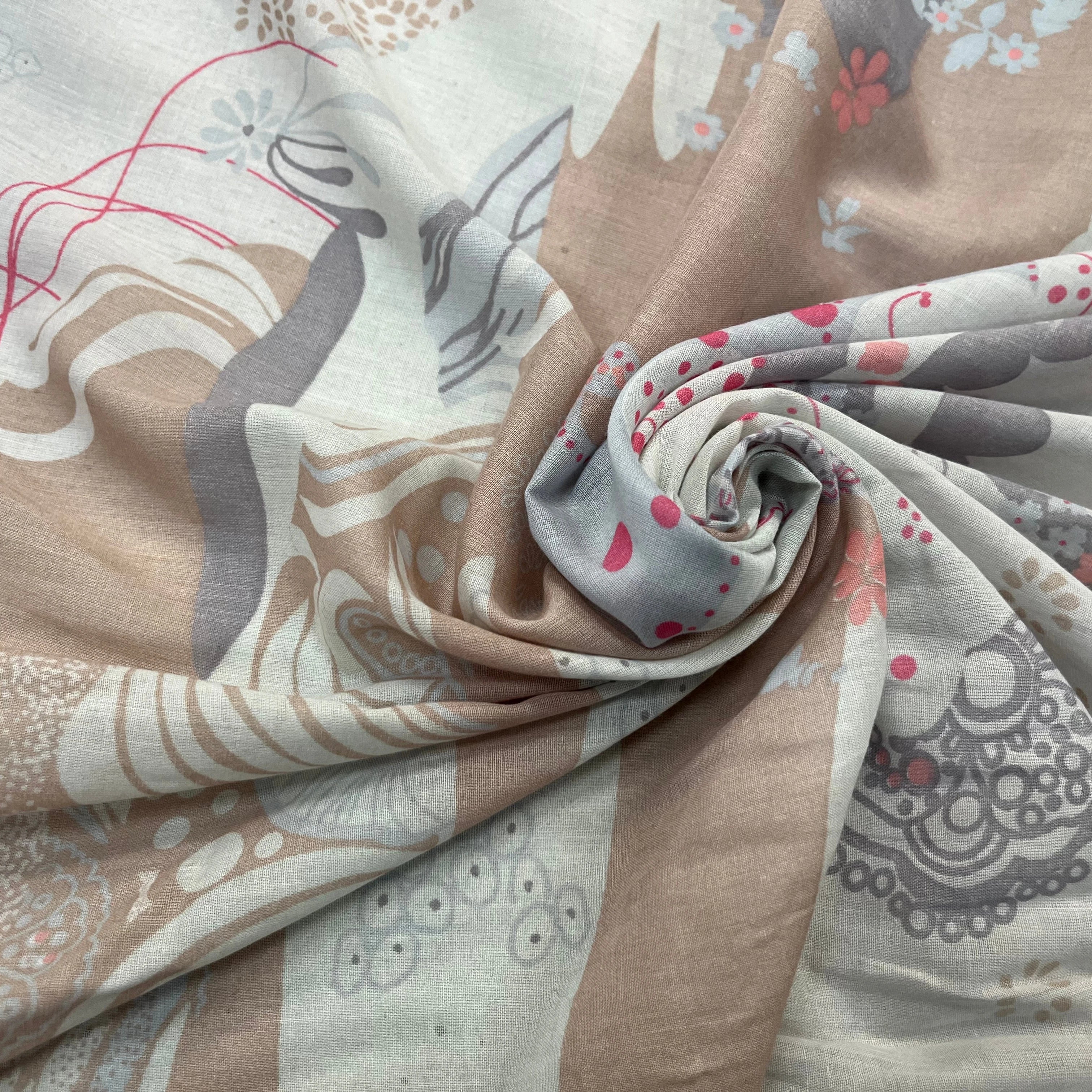 VOILE DE COTON ROSACE FLORALE MULTICOLORE FOND GRIS - My Little Coupon