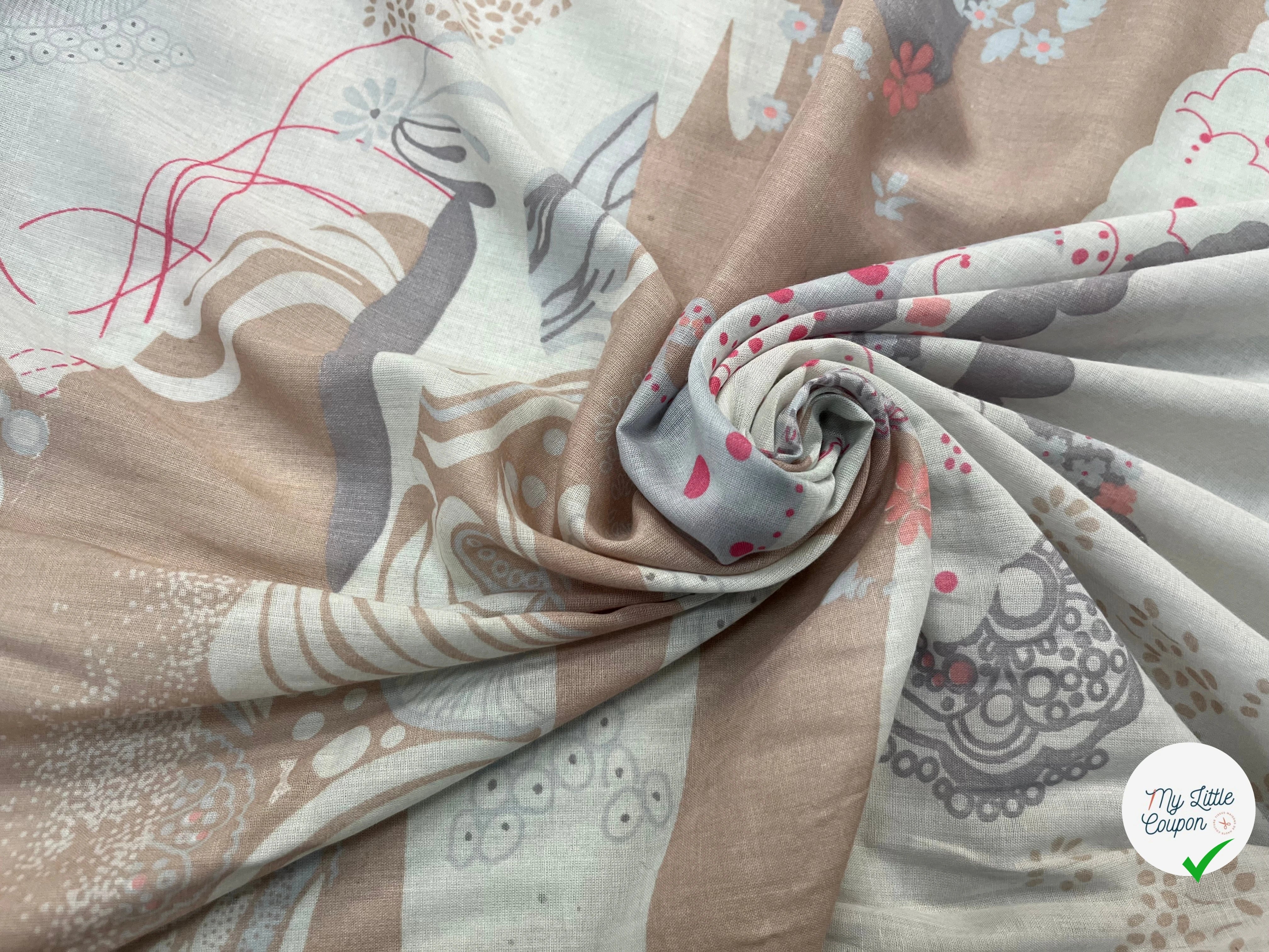 VOILE DE COTON ROSACE FLORALE MULTICOLORE FOND GRIS - My Little Coupon