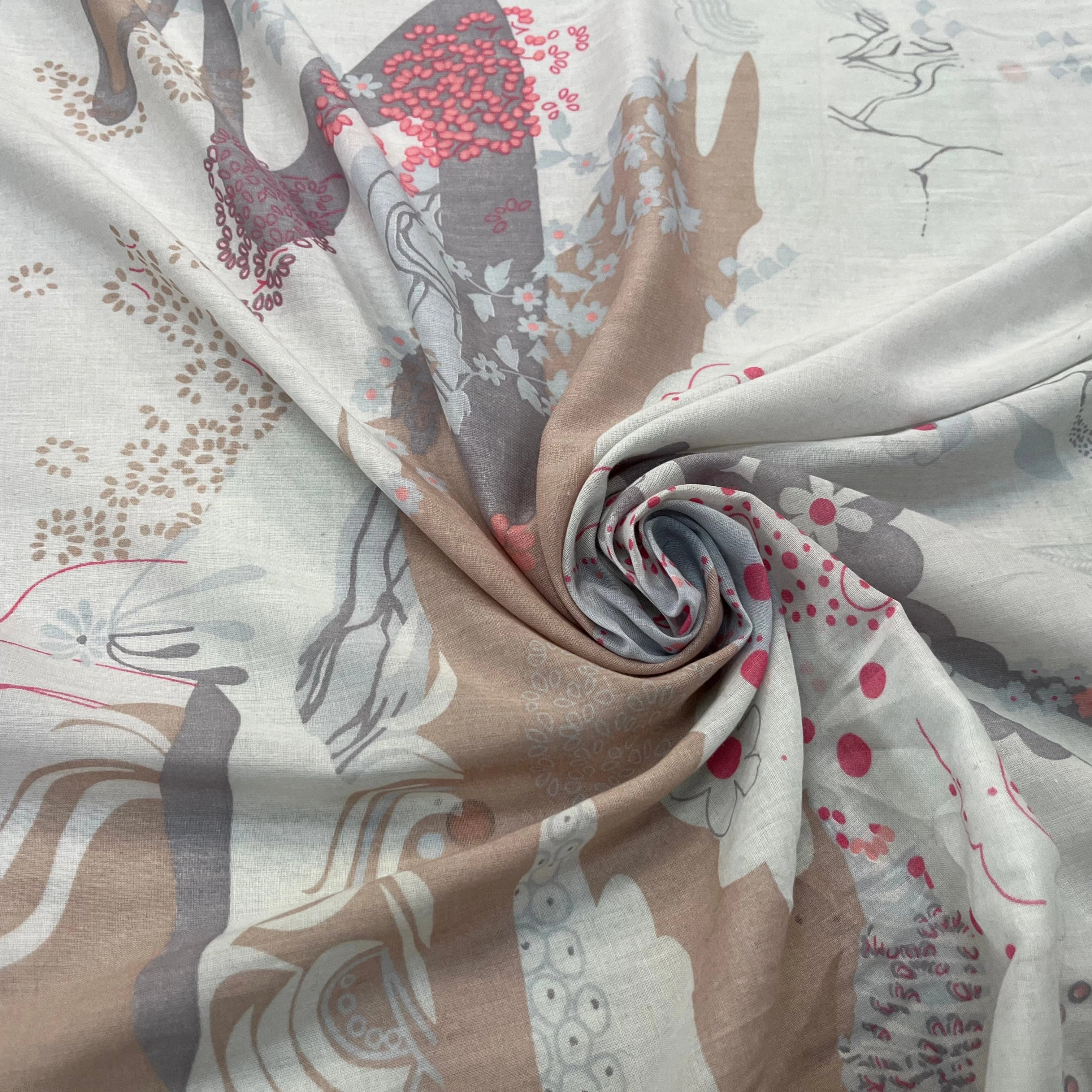 VOILE DE COTON ROSACE FLORALE MULTICOLORE FOND GRIS - My Little Coupon