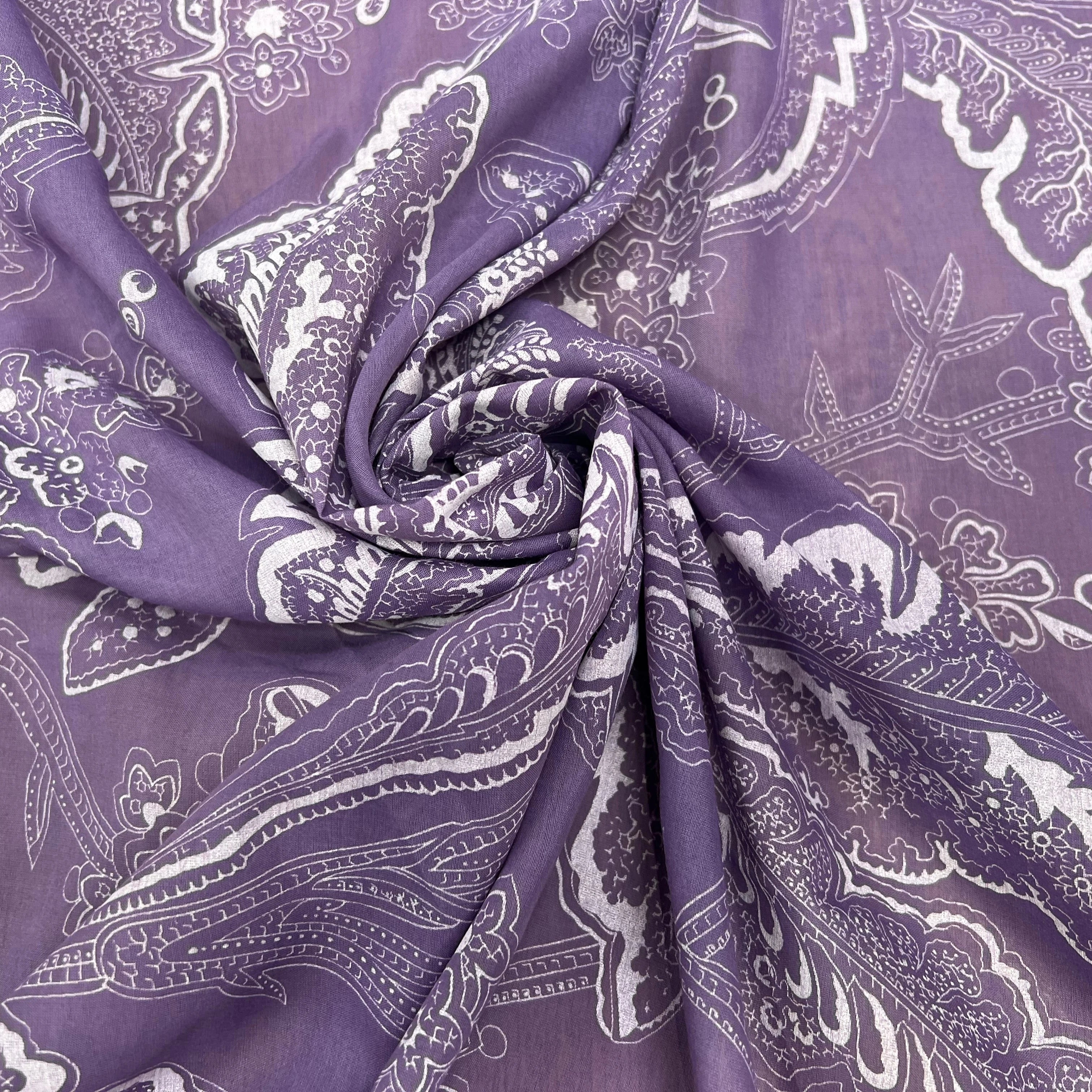 VOILE DE COTON VIOLET MOTIF FEUILLE BLANCHE - My Little Coupon