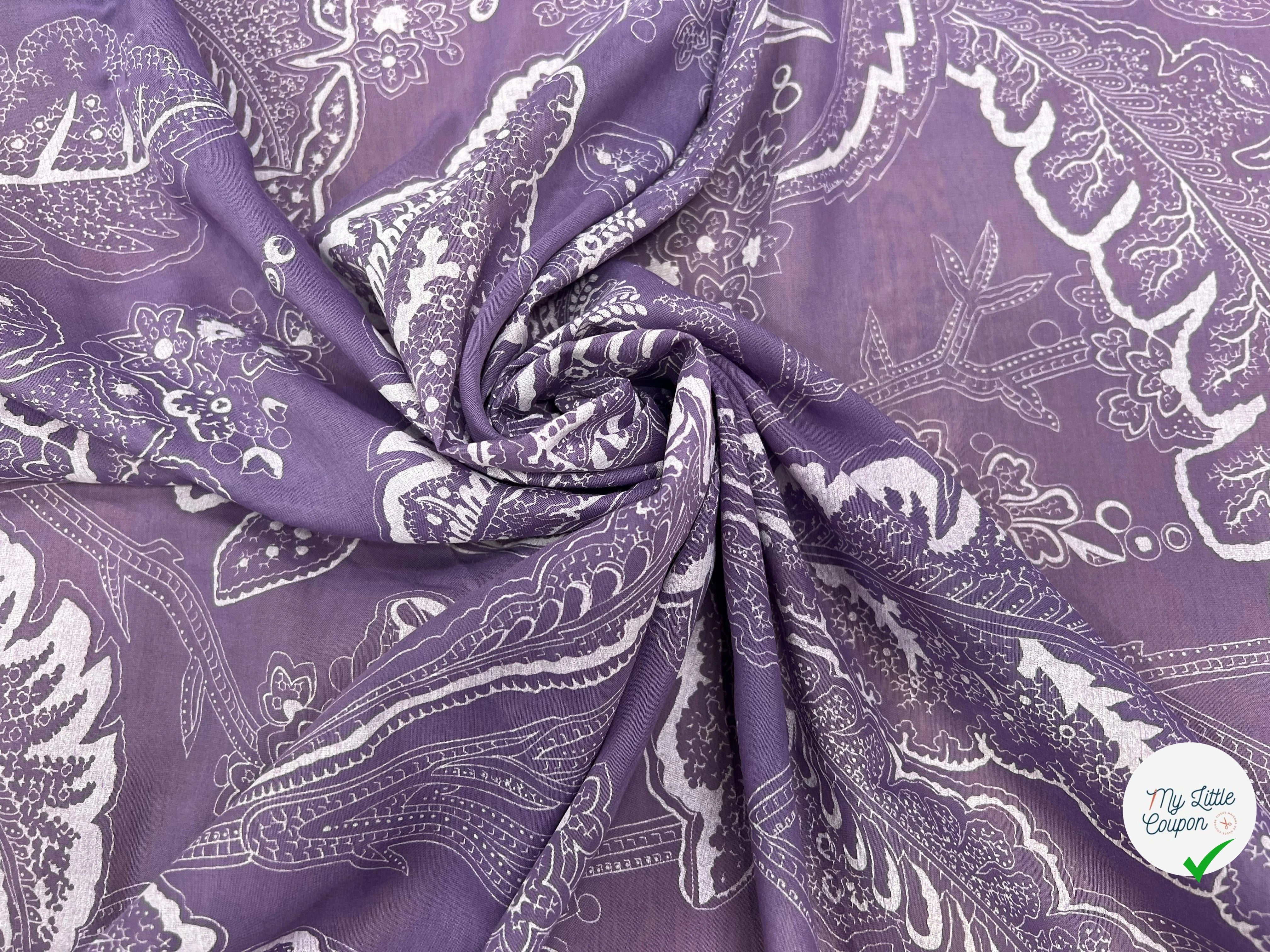 VOILE DE COTON VIOLET MOTIF FEUILLE BLANCHE - My Little Coupon