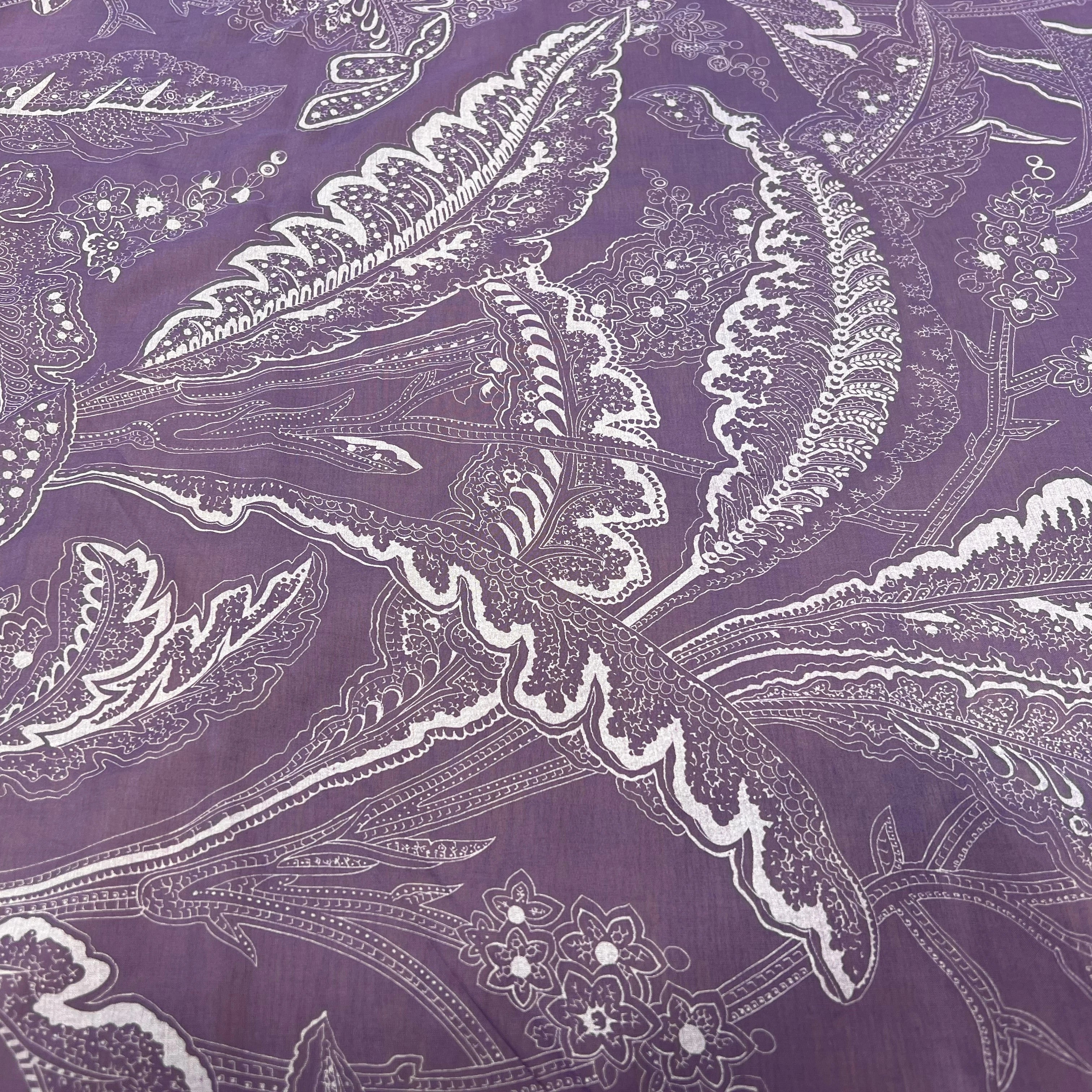 VOILE DE COTON VIOLET MOTIF FEUILLE BLANCHE - My Little Coupon