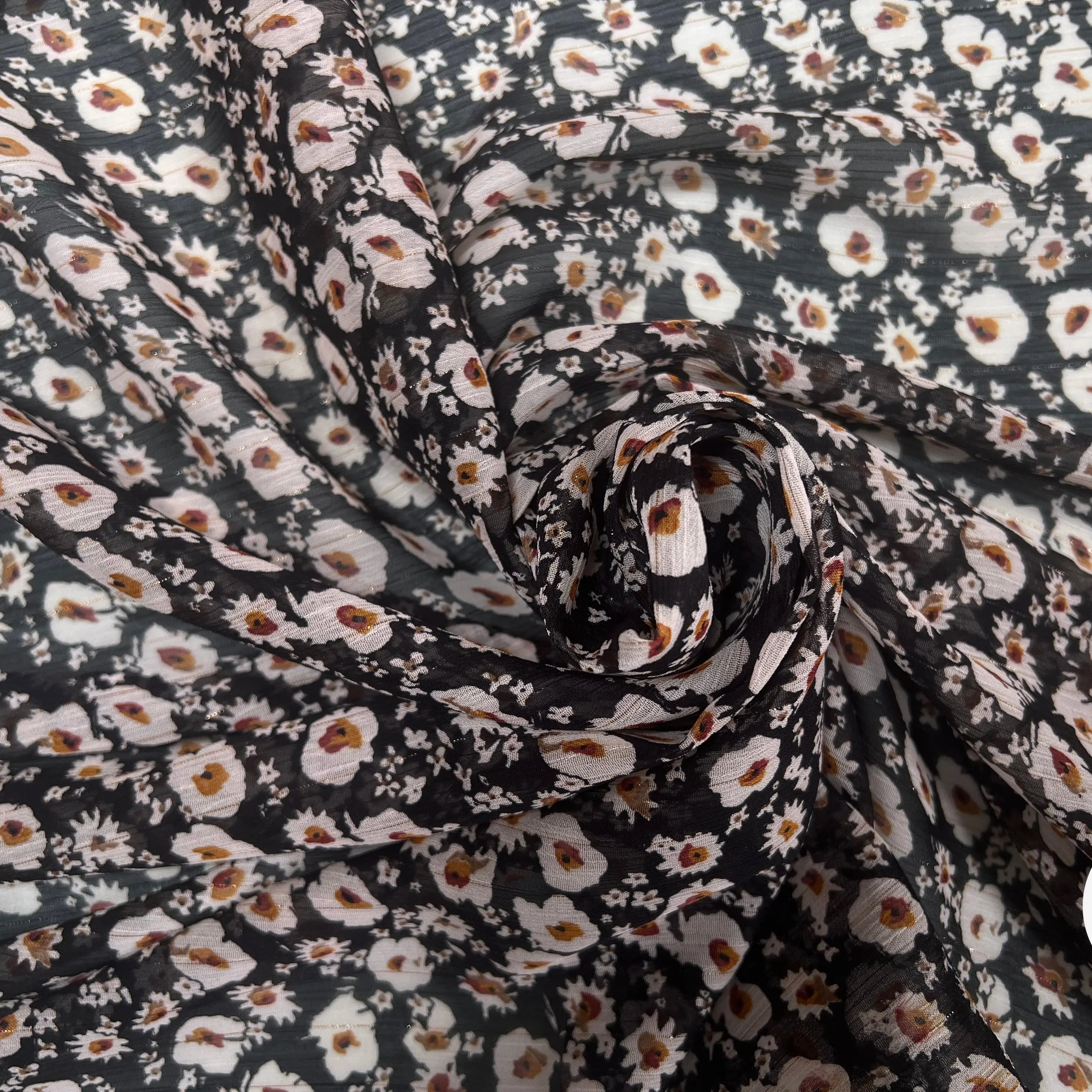 VOILE LUREX TESSUTO 100%PL FOND NOIR PETITES FLEURS BLANC - My Little Coupon