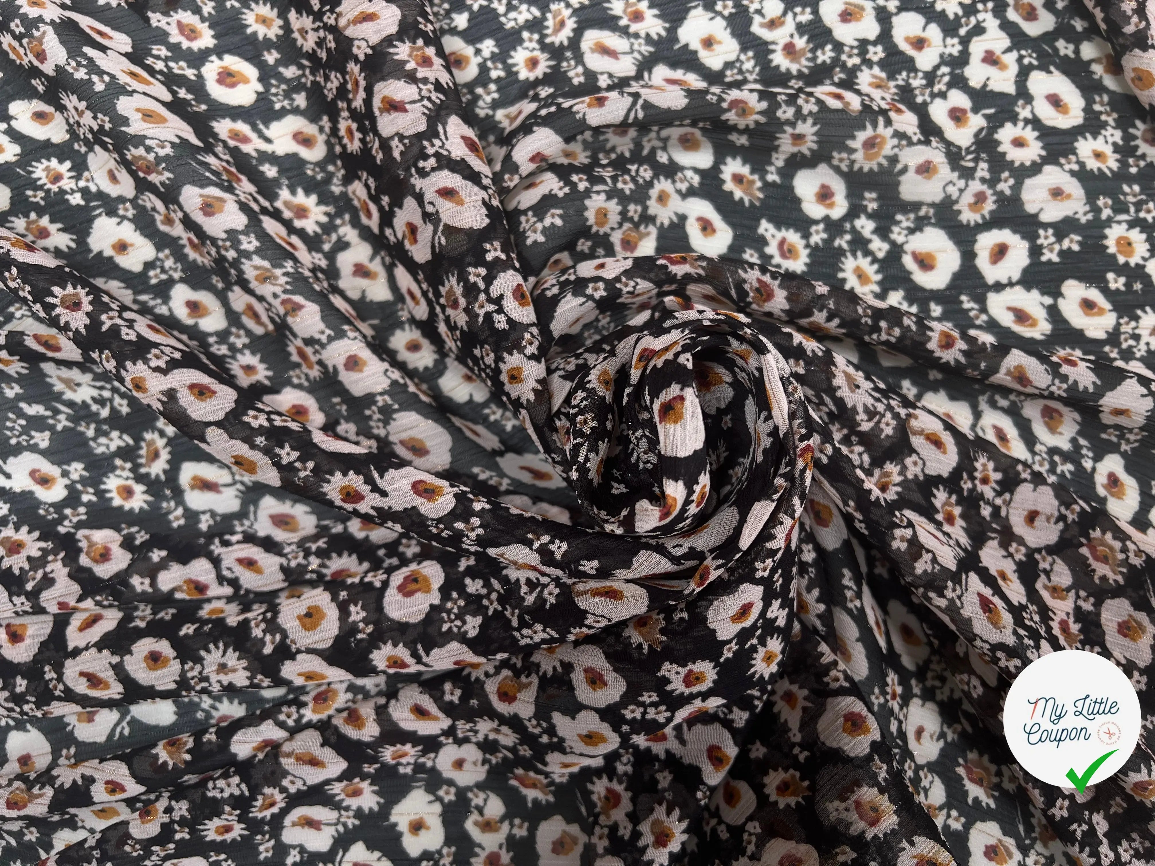 VOILE LUREX TESSUTO 100%PL FOND NOIR PETITES FLEURS BLANC - My Little Coupon