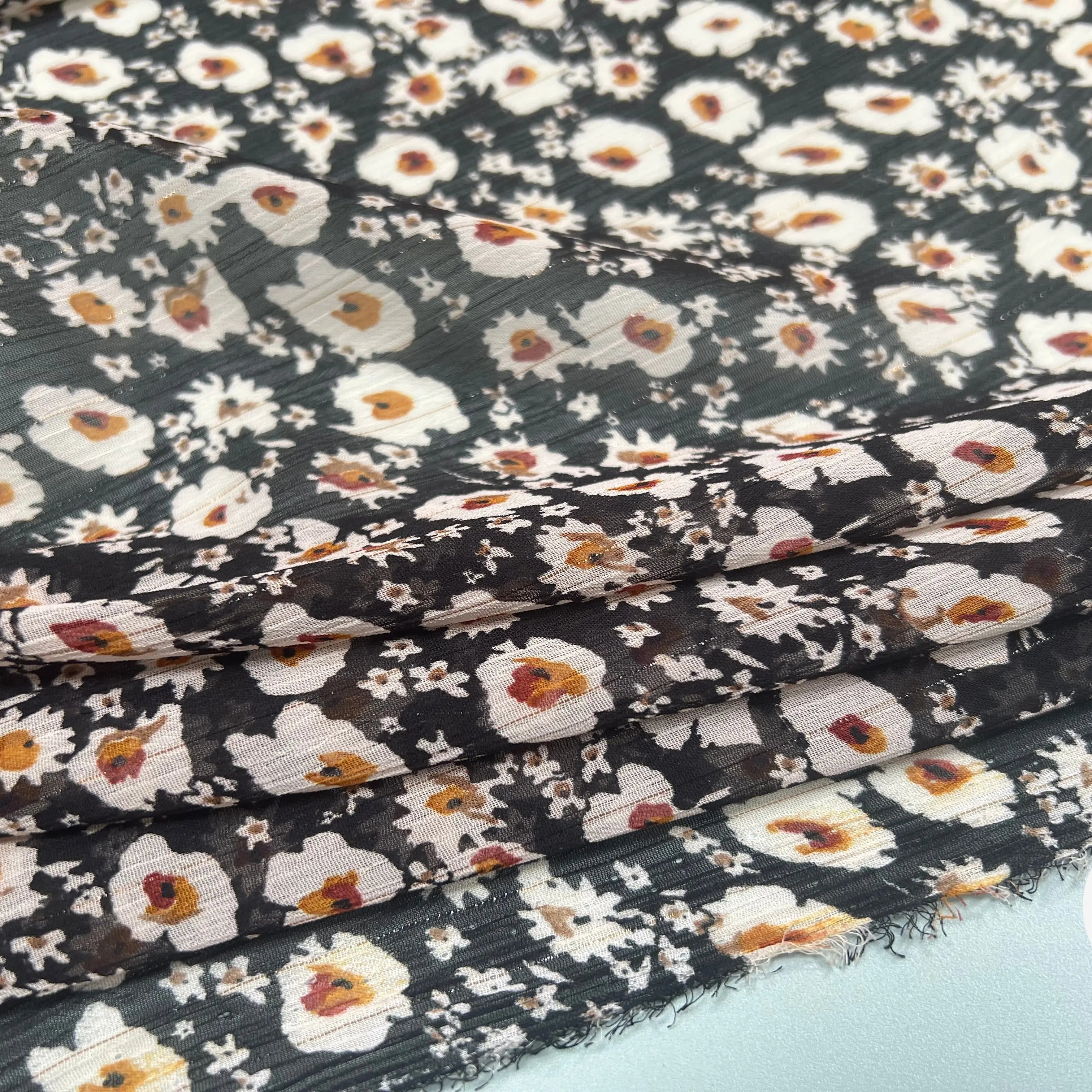 VOILE LUREX TESSUTO 100%PL FOND NOIR PETITES FLEURS BLANC - My Little Coupon