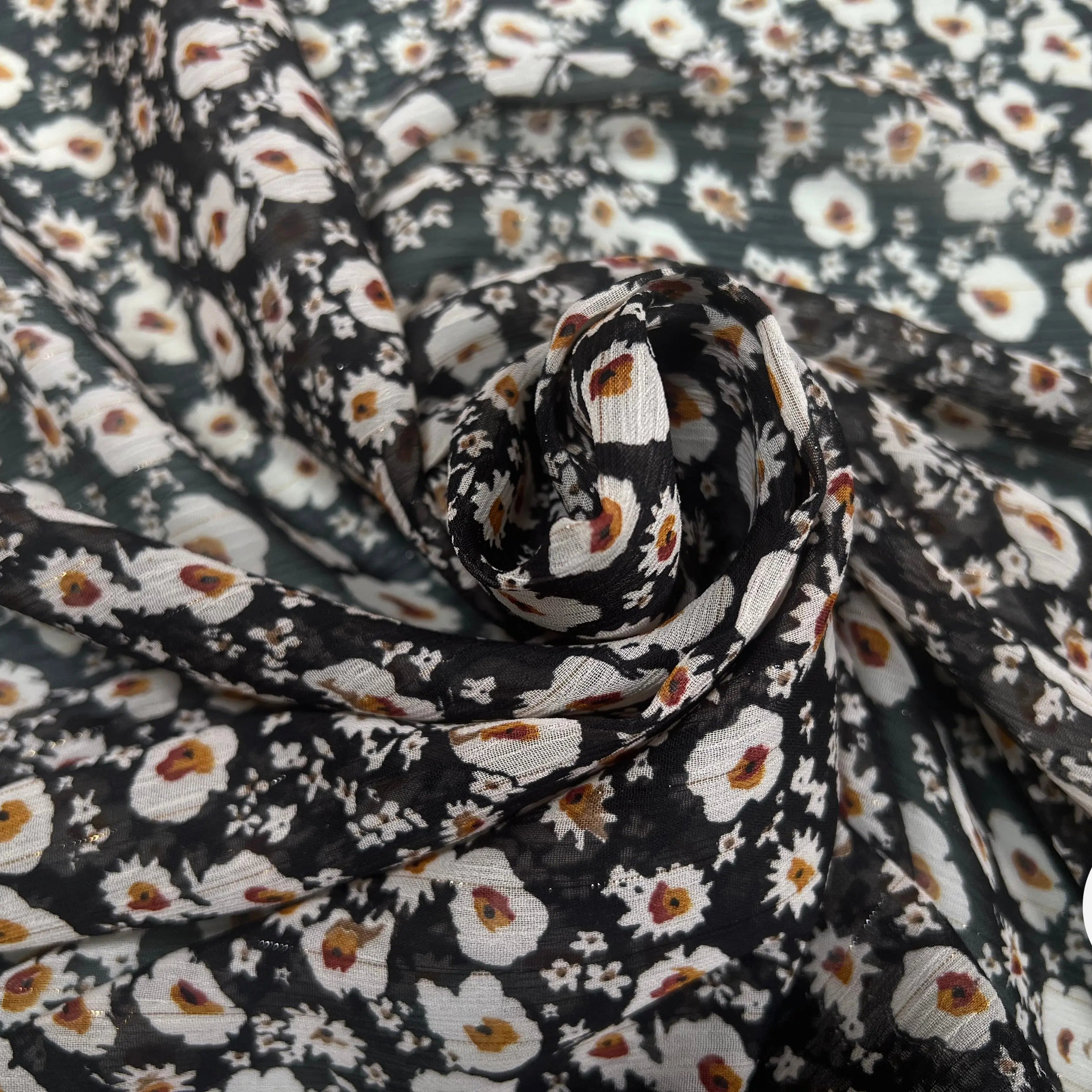 VOILE LUREX TESSUTO 100%PL FOND NOIR PETITES FLEURS BLANC - My Little Coupon