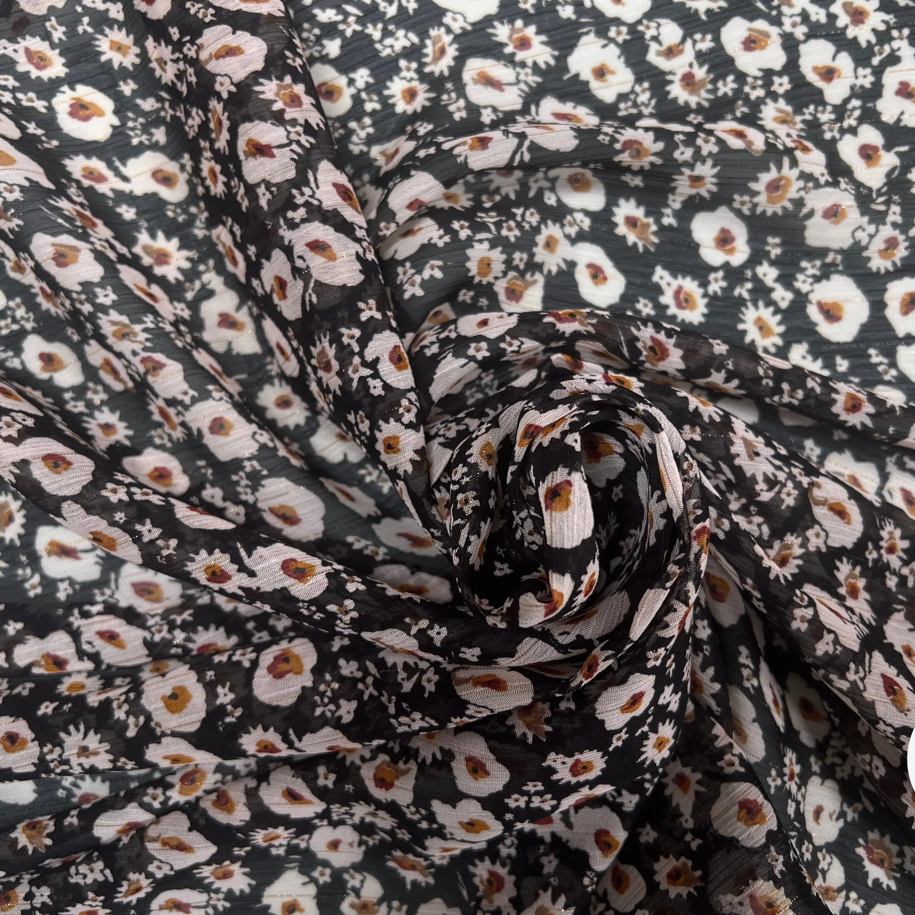 VOILE LUREX TESSUTO 100%PL FOND NOIR PETITES FLEURS BLANC - My Little Coupon