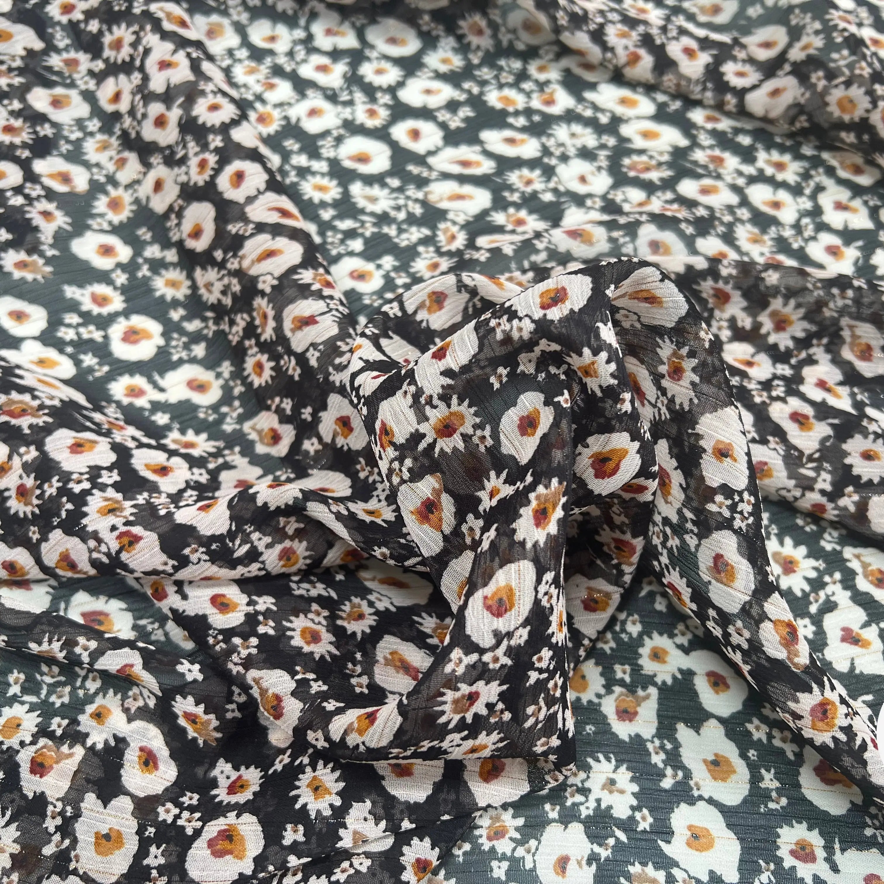 VOILE LUREX TESSUTO 100%PL FOND NOIR PETITES FLEURS BLANC - My Little Coupon