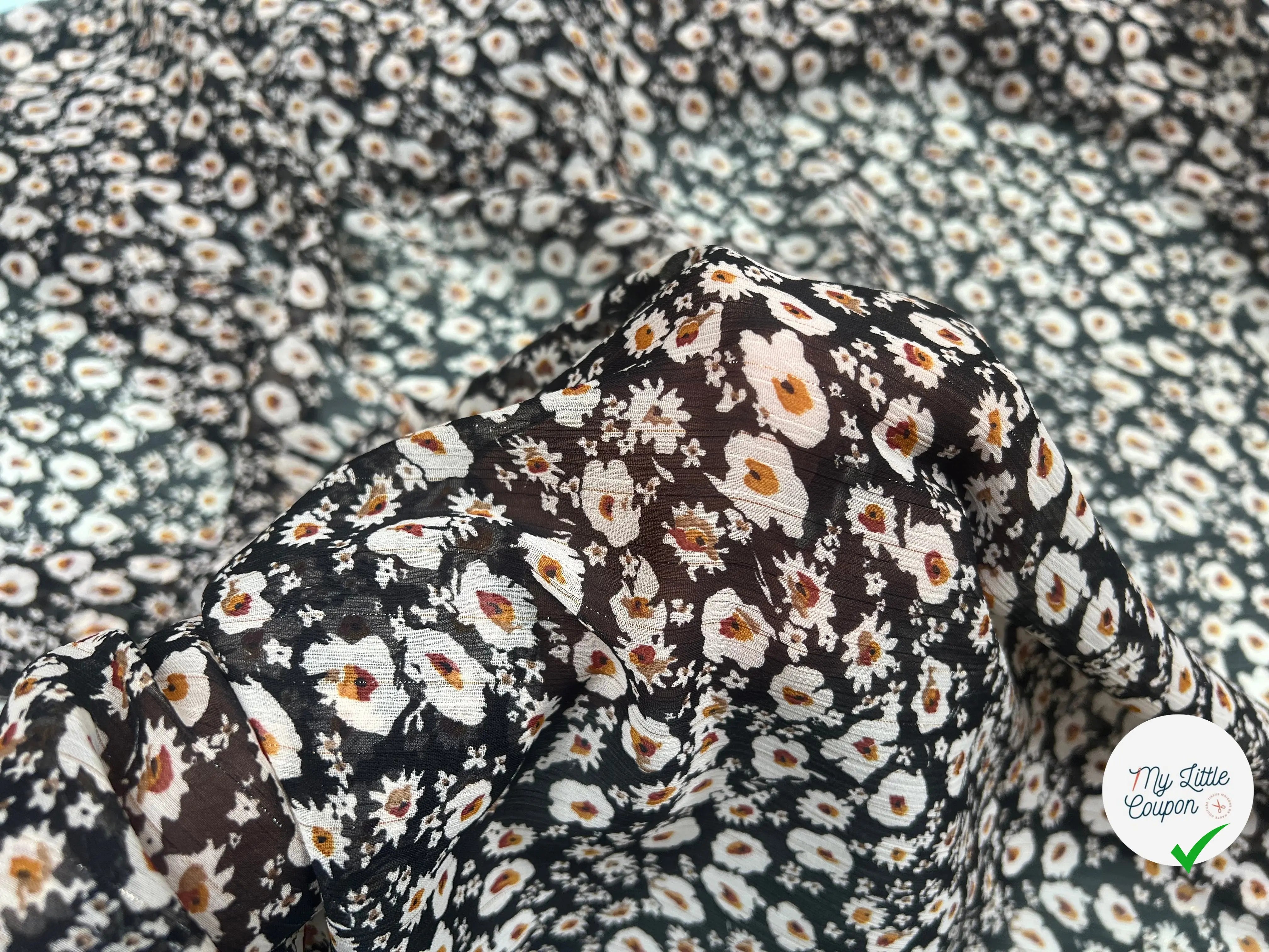 VOILE LUREX TESSUTO 100%PL FOND NOIR PETITES FLEURS BLANC - My Little Coupon