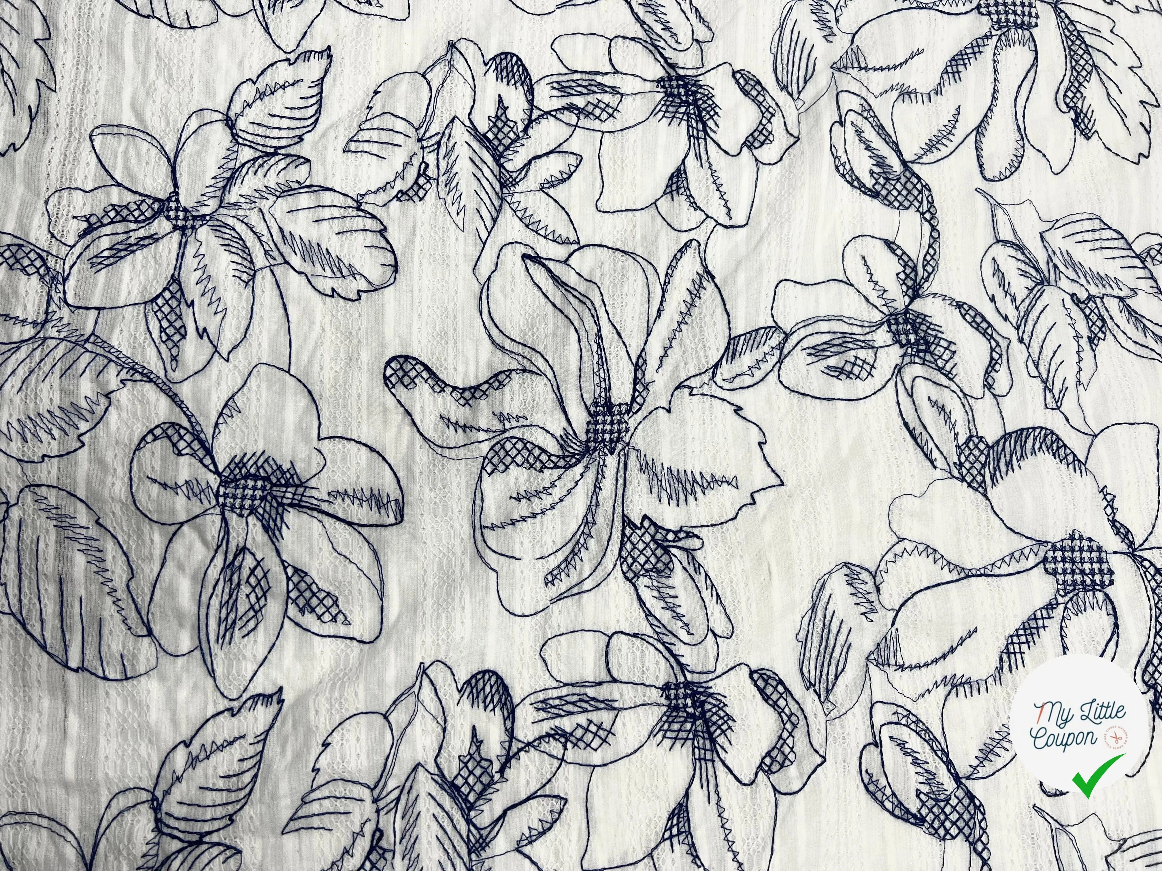 VOILE TISSÉ REBRODÉ FEUILLAGE INDIGO - My Little Coupon - tissu - coudre