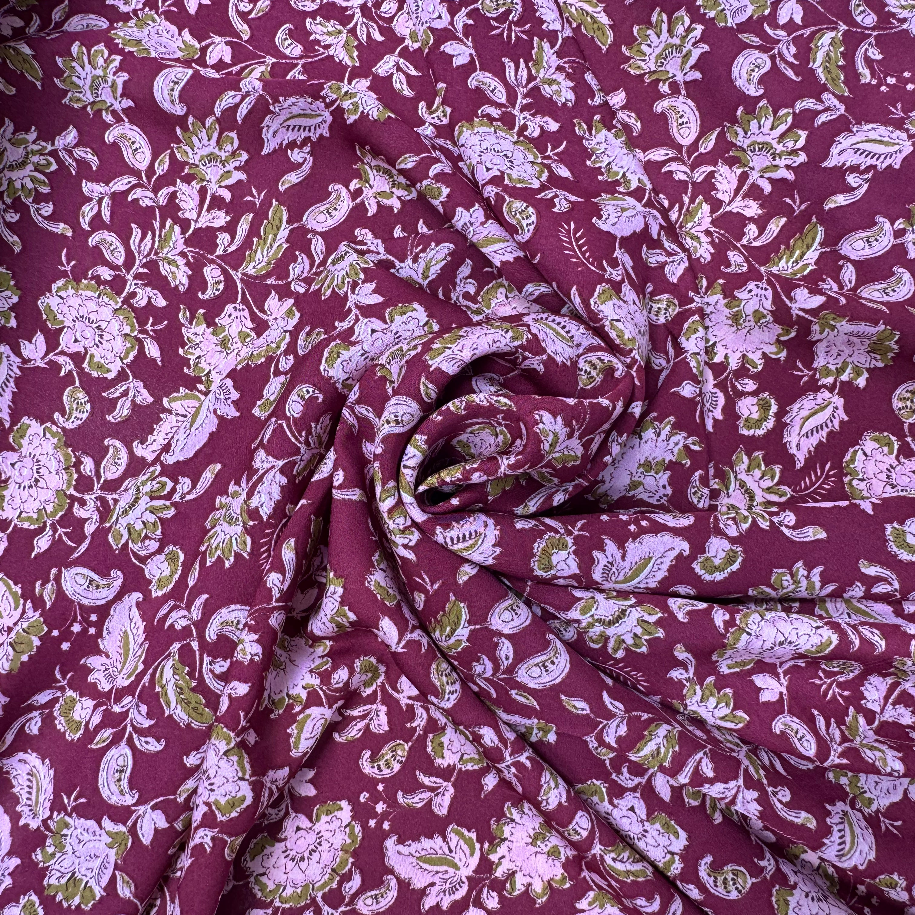 VOILE VISCOSE FOND BORDEAUX MOTIF FLEURS ROSE PALE - My Little Coupon