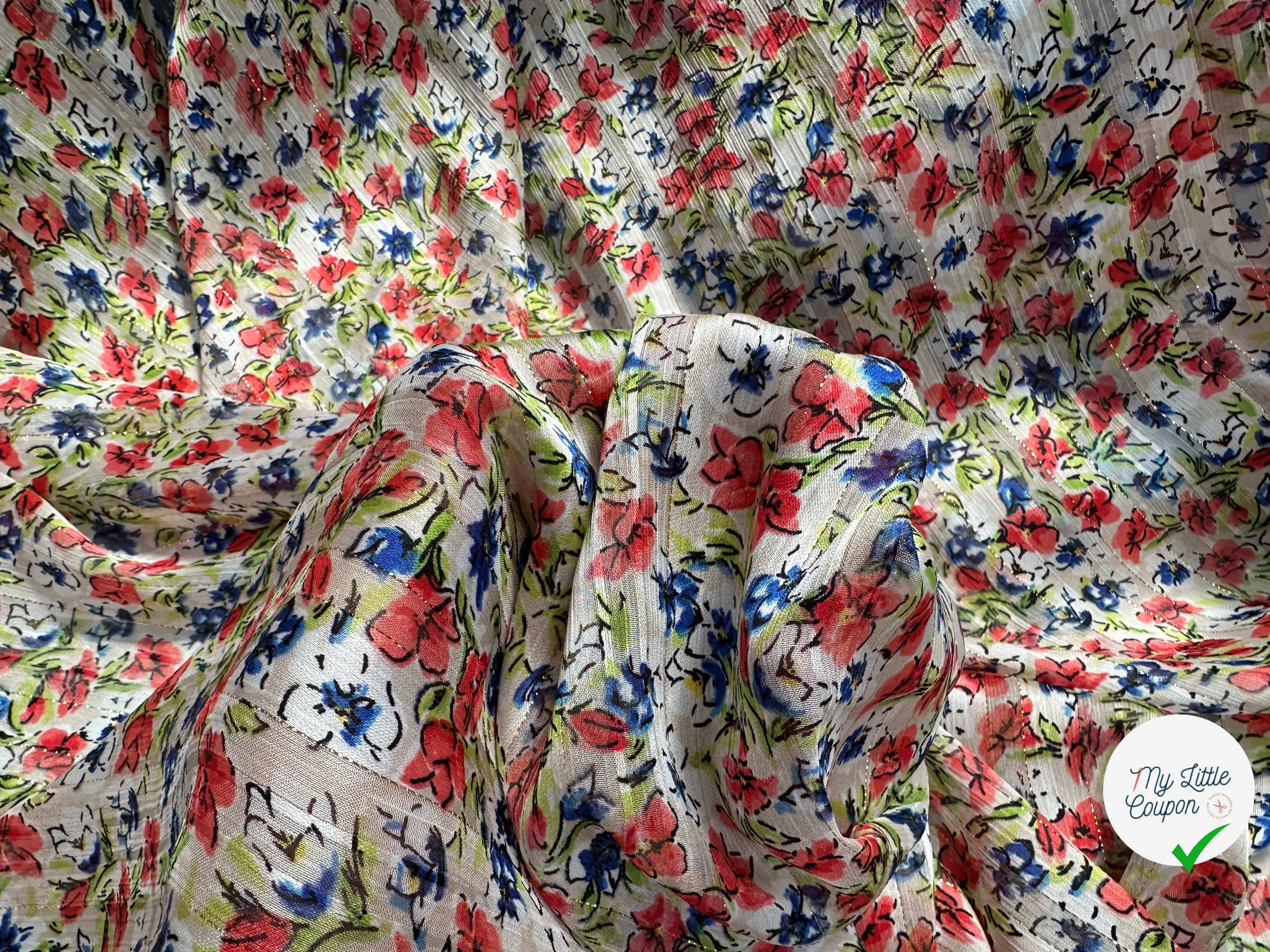 YORYU SATIN STRIPE IMPRIMÉ FLEURS FOND BLANC FINES RAYURES LUREX DORÉ MLC INTERN