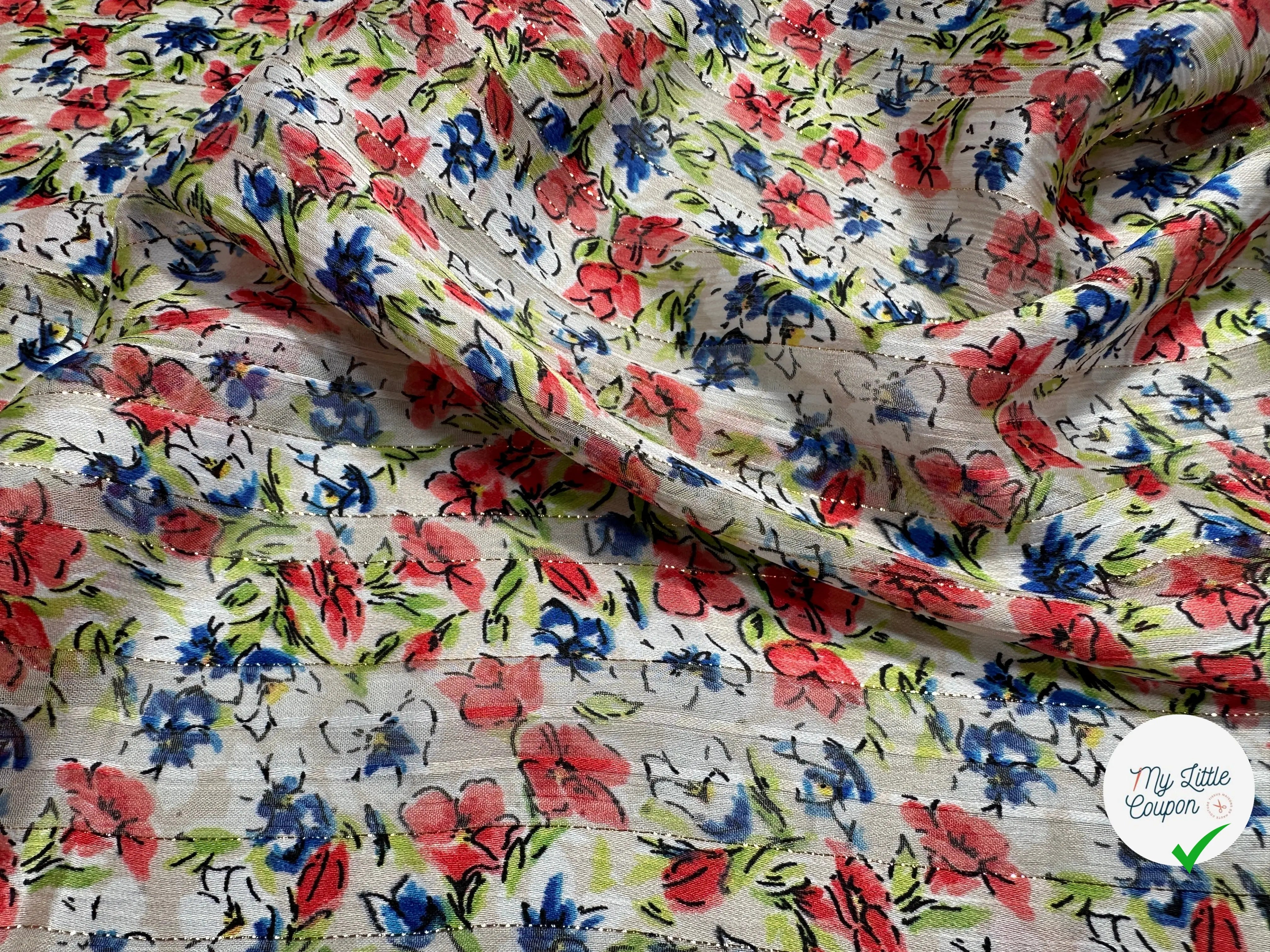 YORYU SATIN STRIPE IMPRIMÉ FLEURS FOND BLANC FINES RAYURES LUREX DORÉ MLC INTERN