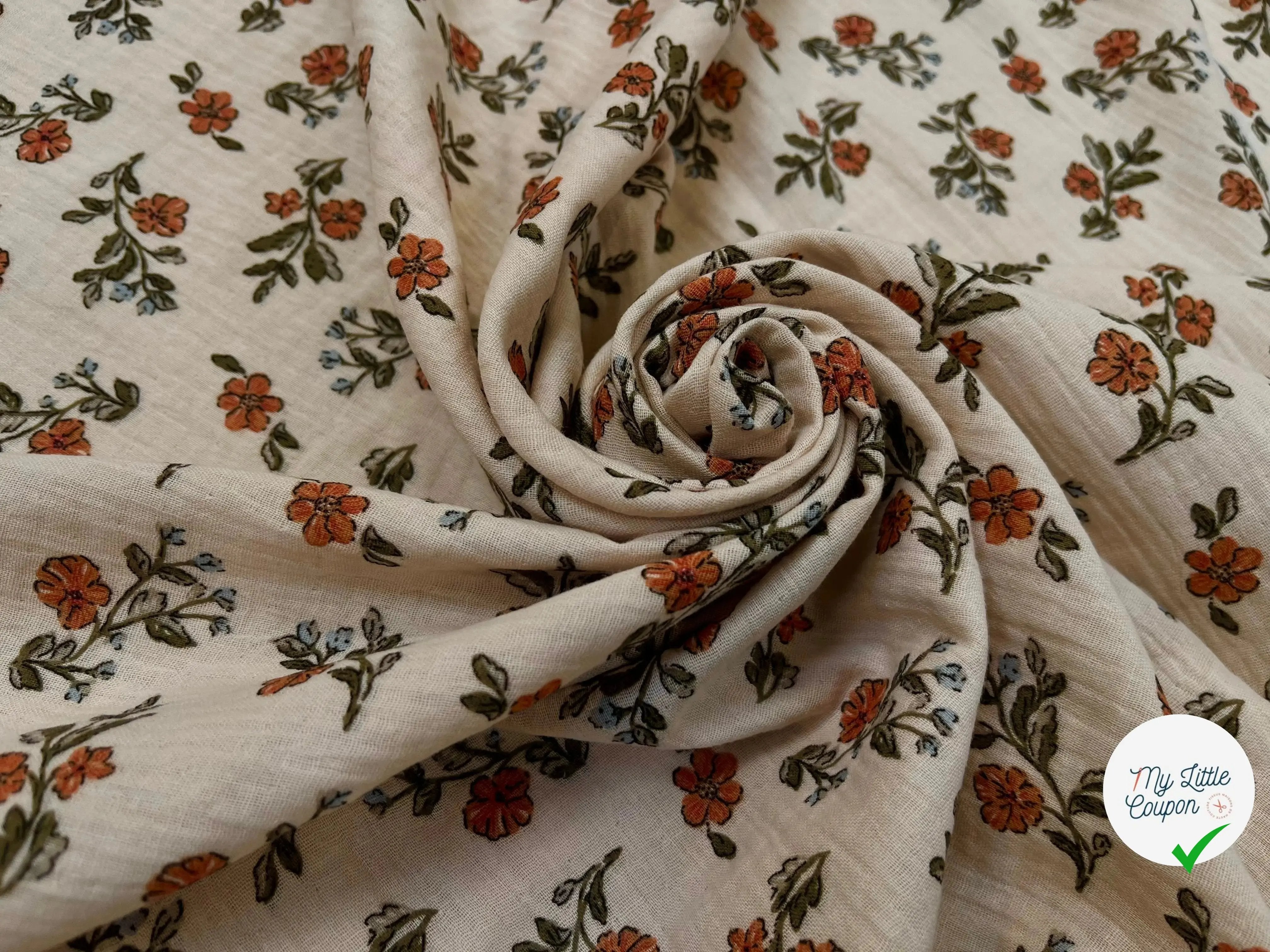 DOUBLE GAZE COTON GAUFRÉE LINA LATTE ET VERT - My Little Coupon