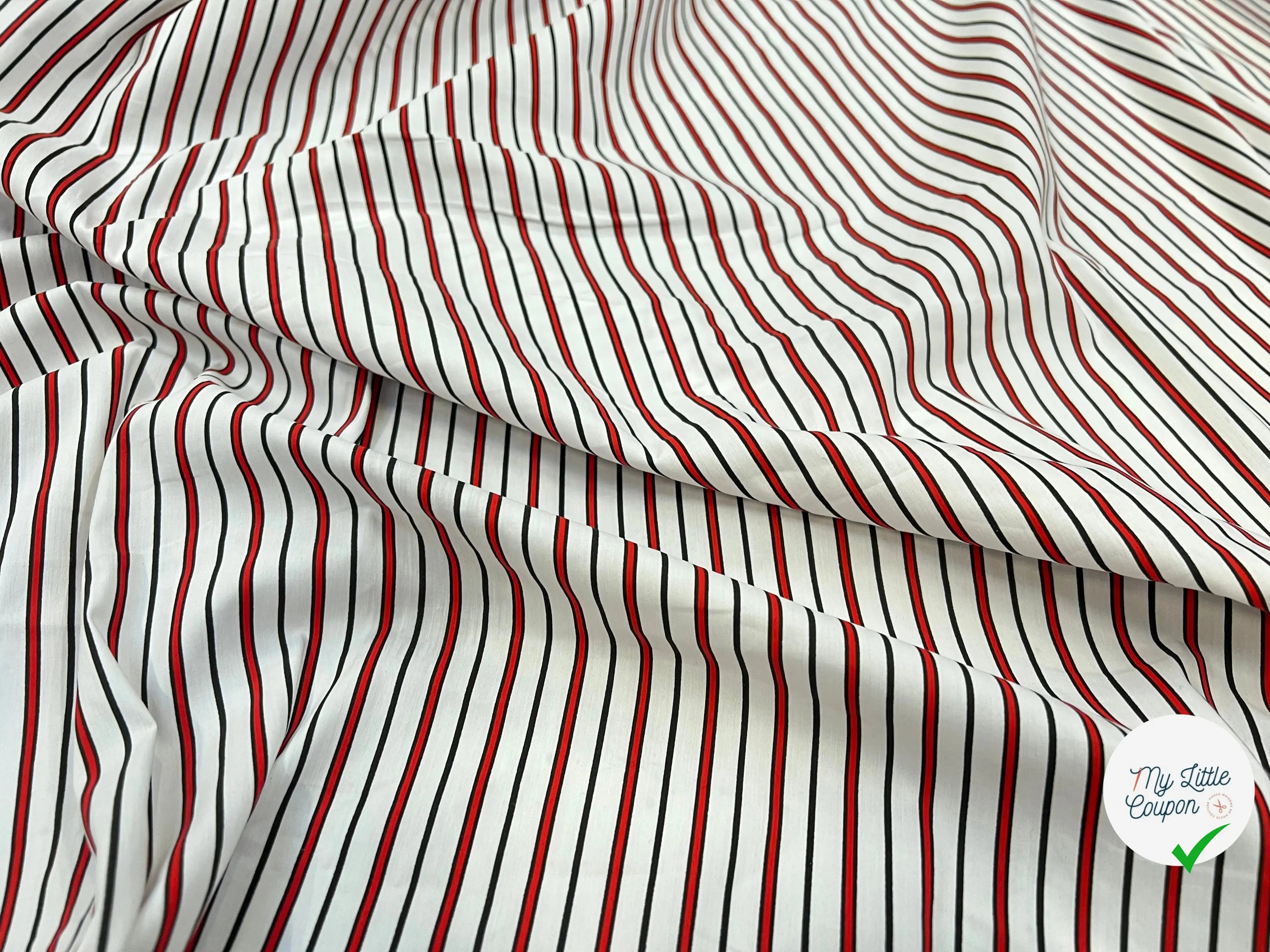 POPELINE BLANCHE RAYURES SERTIES NOIRES & ROUGE STRETCH MSO