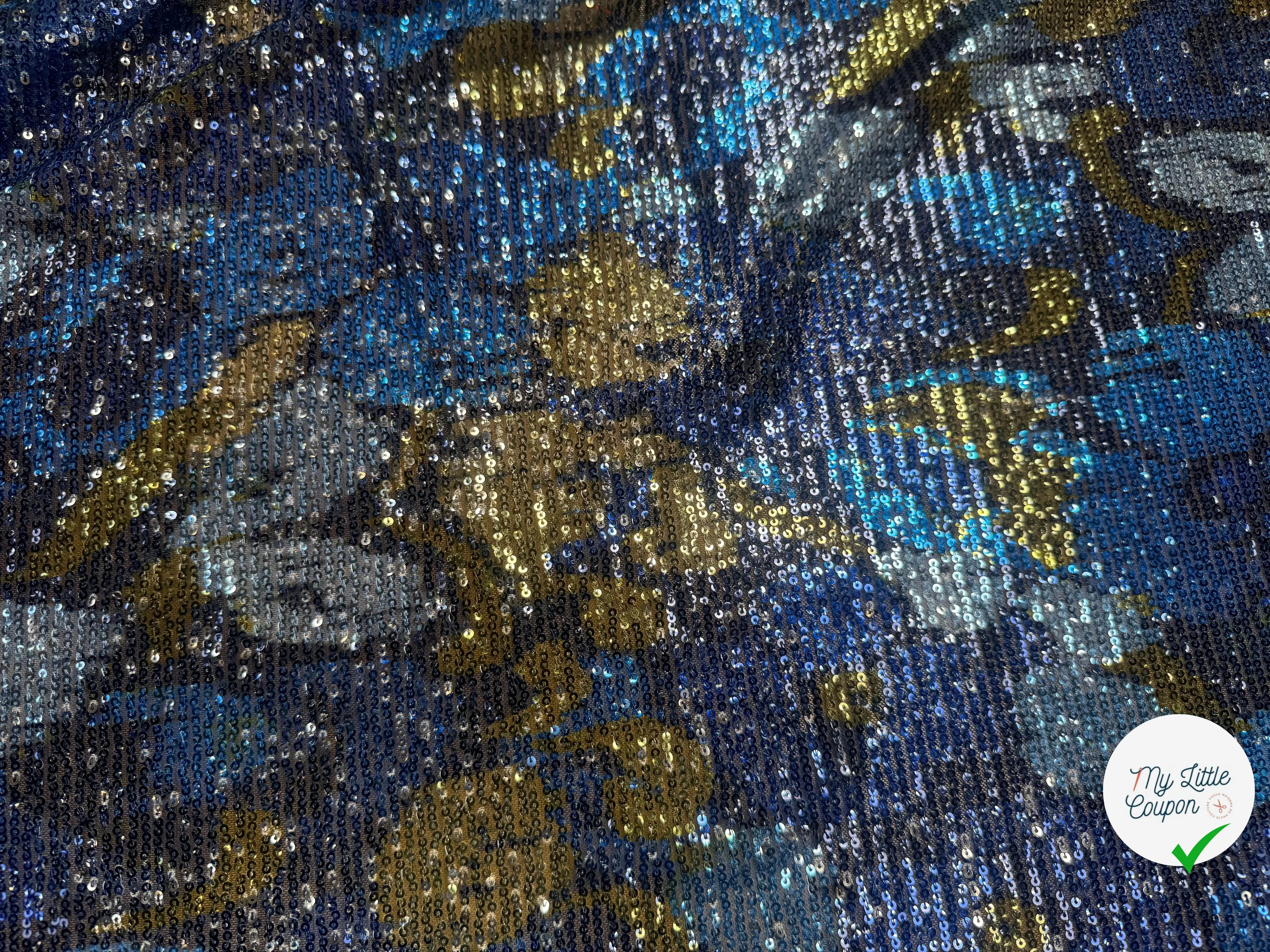 SEQUIN FOND BLEU FEUILLES GOLD & BLEU 5% EA - My Little Coupon