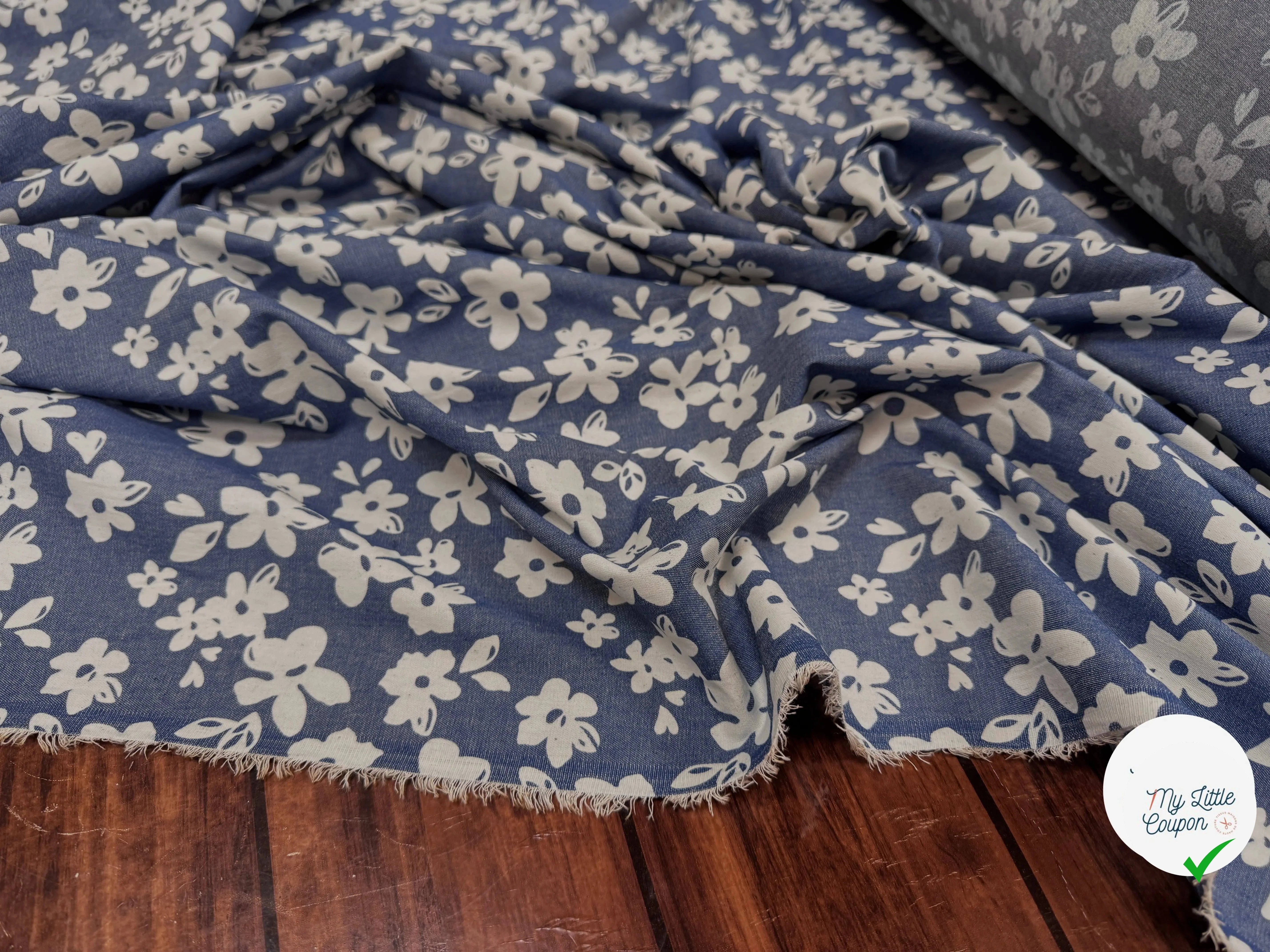 TOILE COTON FINE FAÇON DENIM FONCÉ FLOWER - My Little Coupon