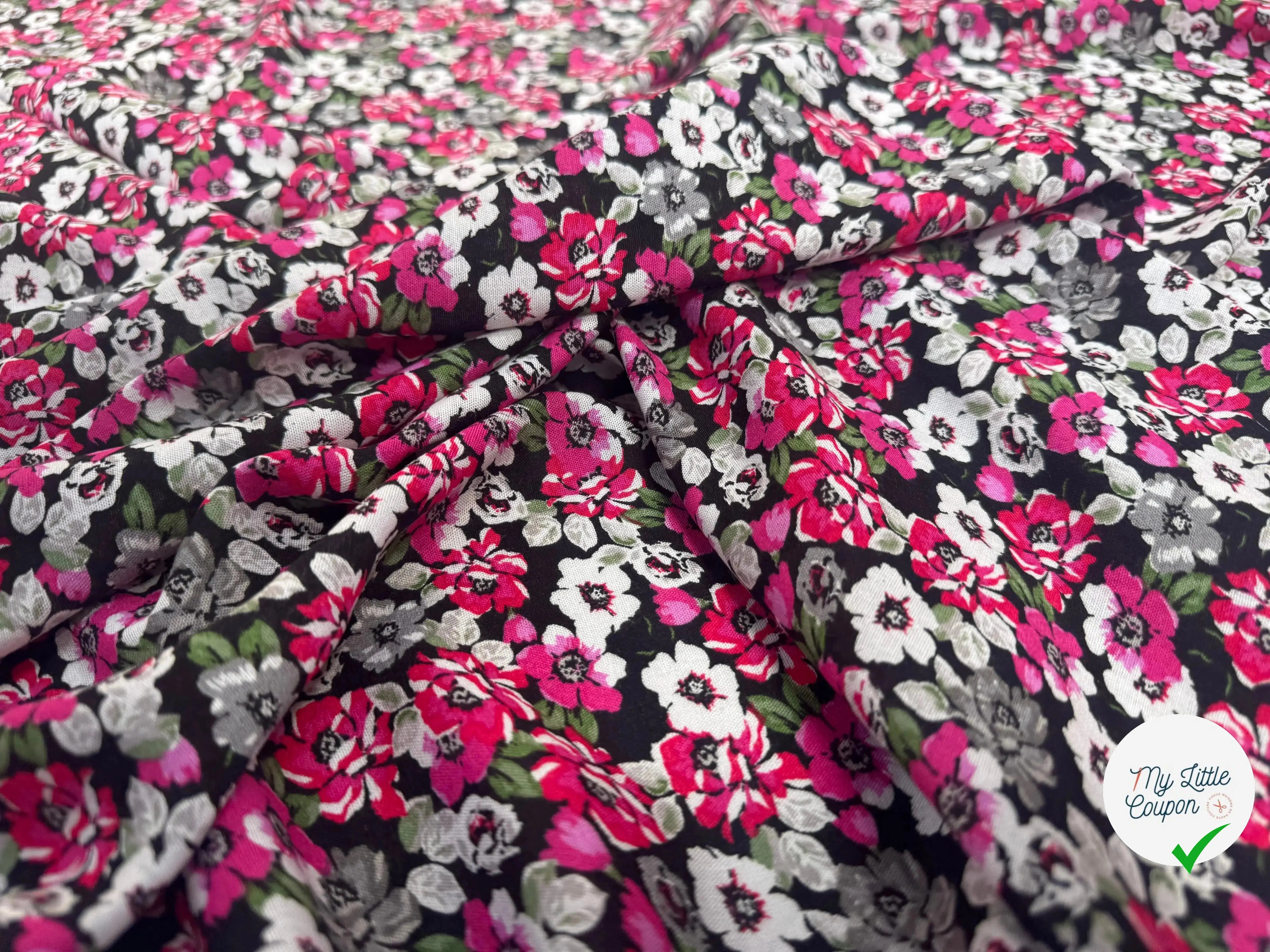VISCOSE À MOTIFS FLORAUX ROSES ET GRISES - My Little Coupon
