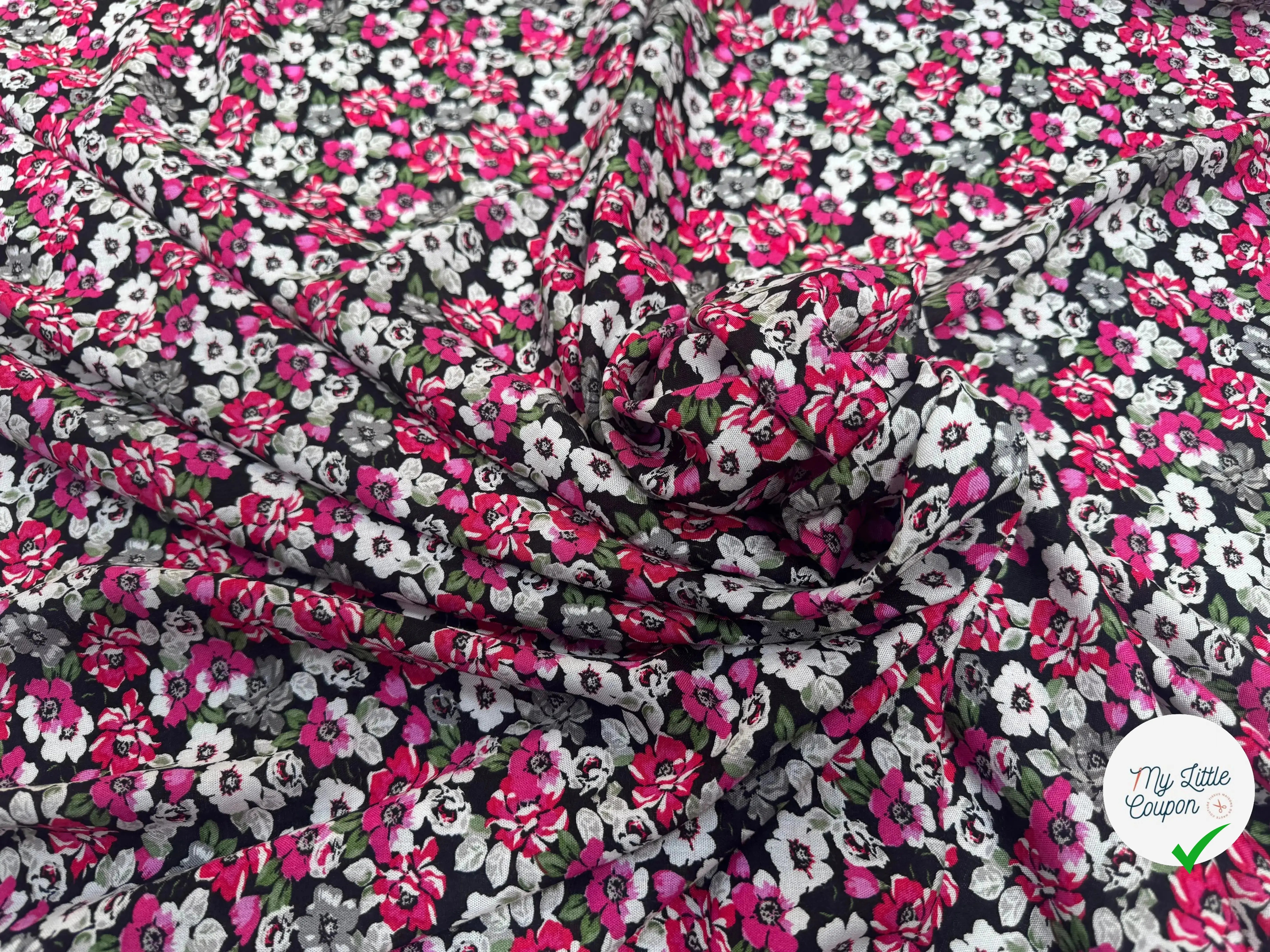 VISCOSE À MOTIFS FLORAUX ROSES ET GRISES - My Little Coupon
