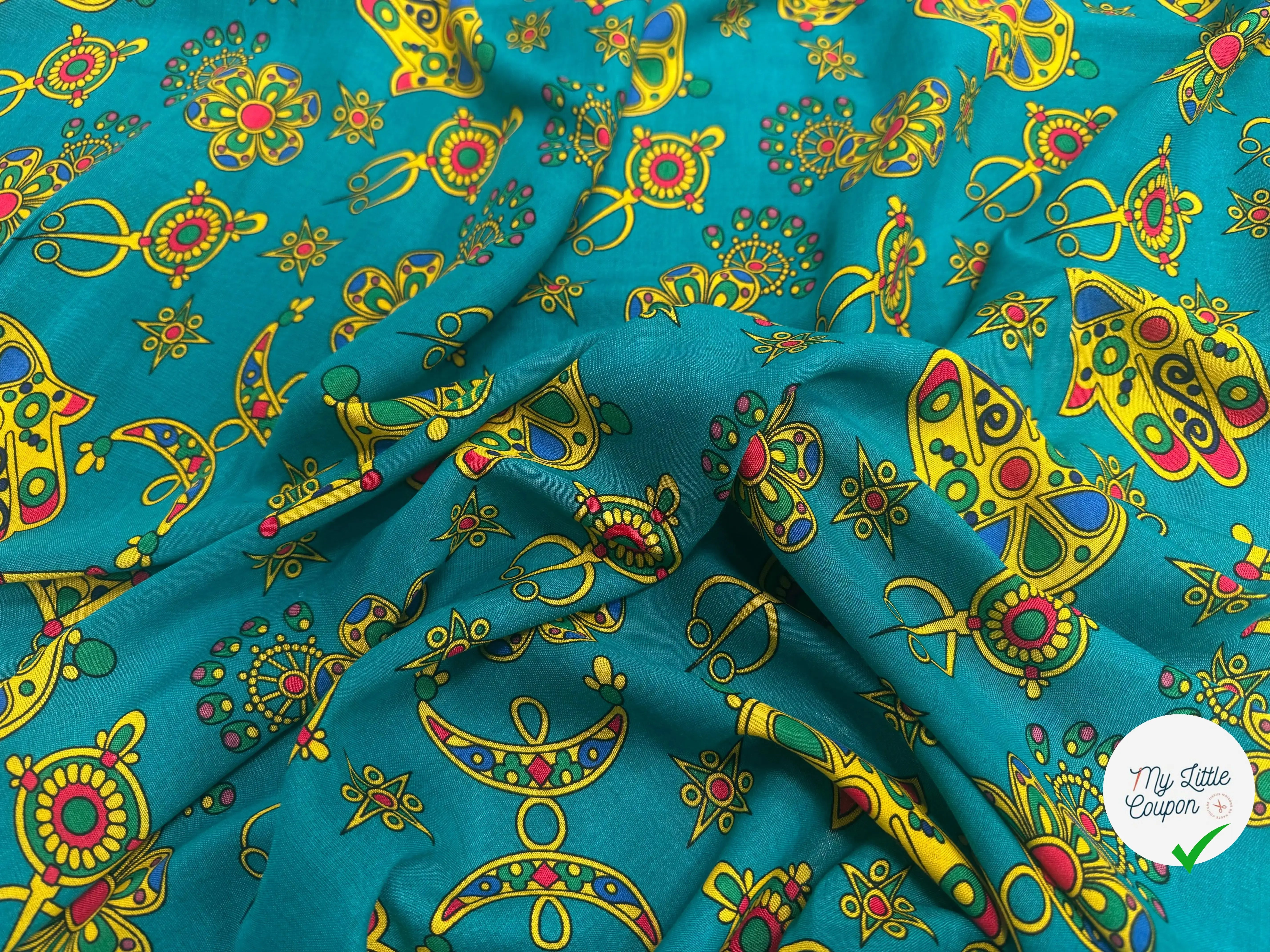 VISCOSE ARLEQUIN AVEC MOTIFS MAINS FOND EMEURAUDE - My Little Coupon