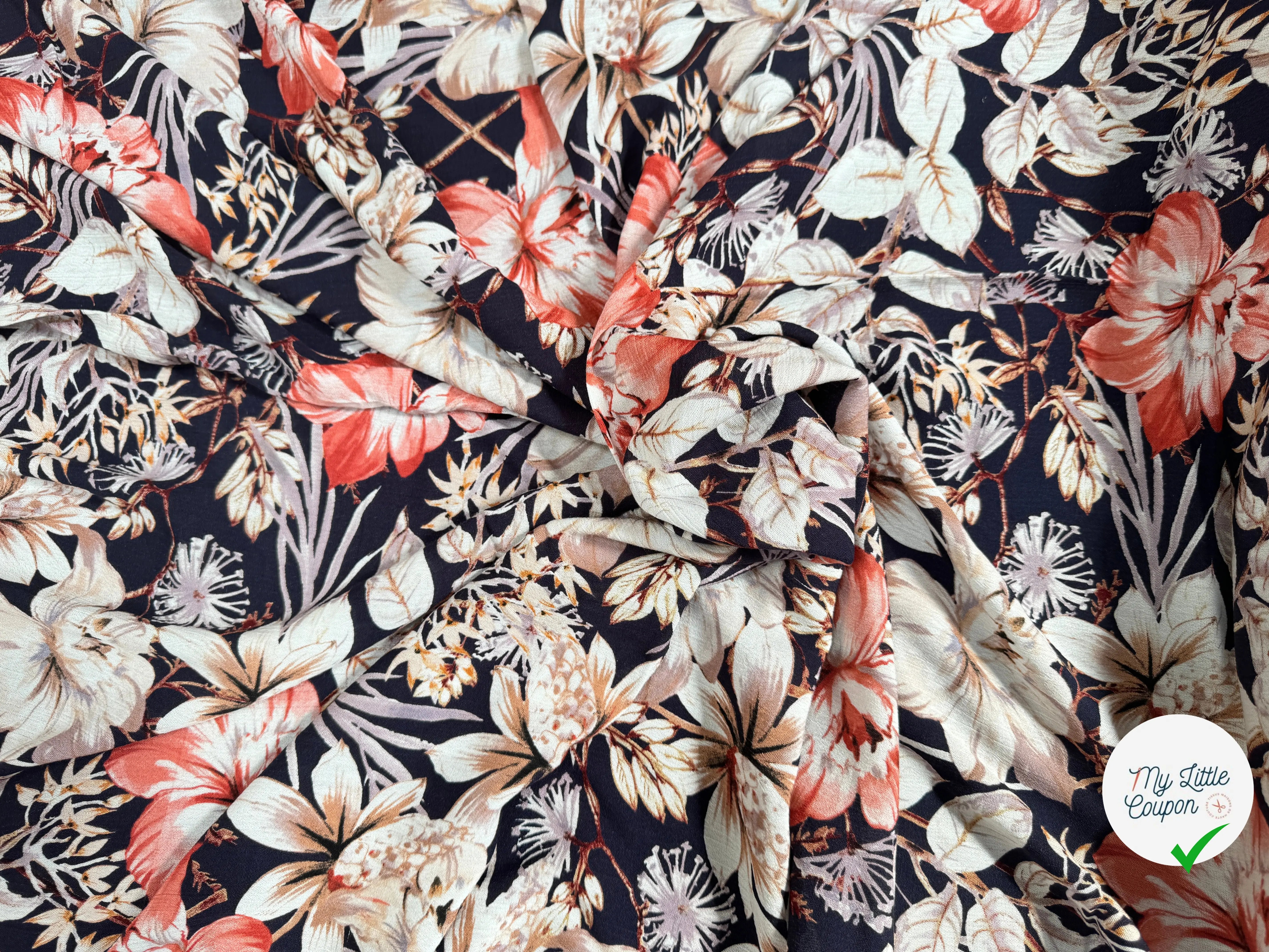 BORKEN CREPE TISSU IMPRIMÉ FLEURS BLEU MARINE - My Little Coupon