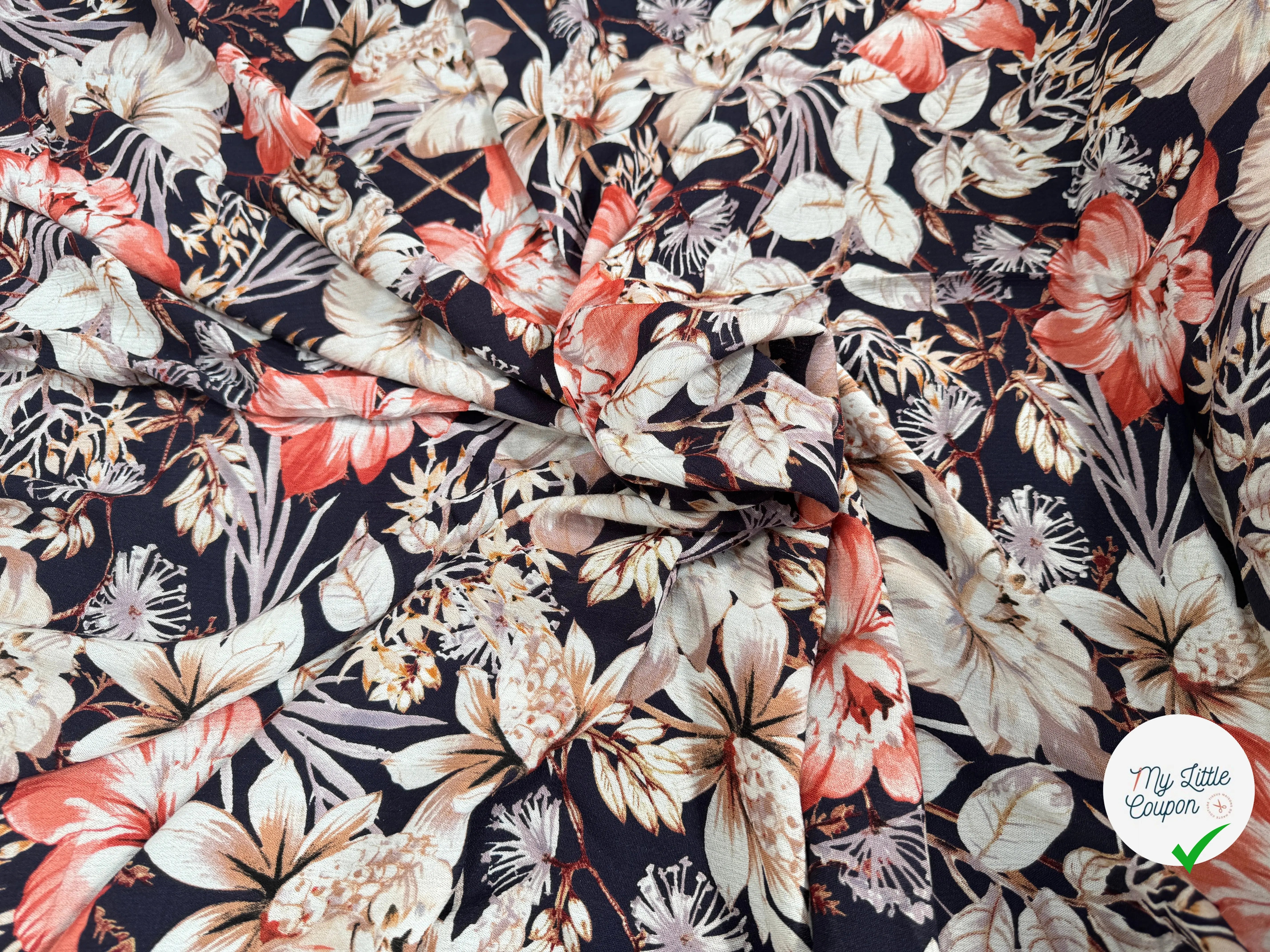 BORKEN CREPE TISSU IMPRIMÉ FLEURS BLEU MARINE - My Little Coupon