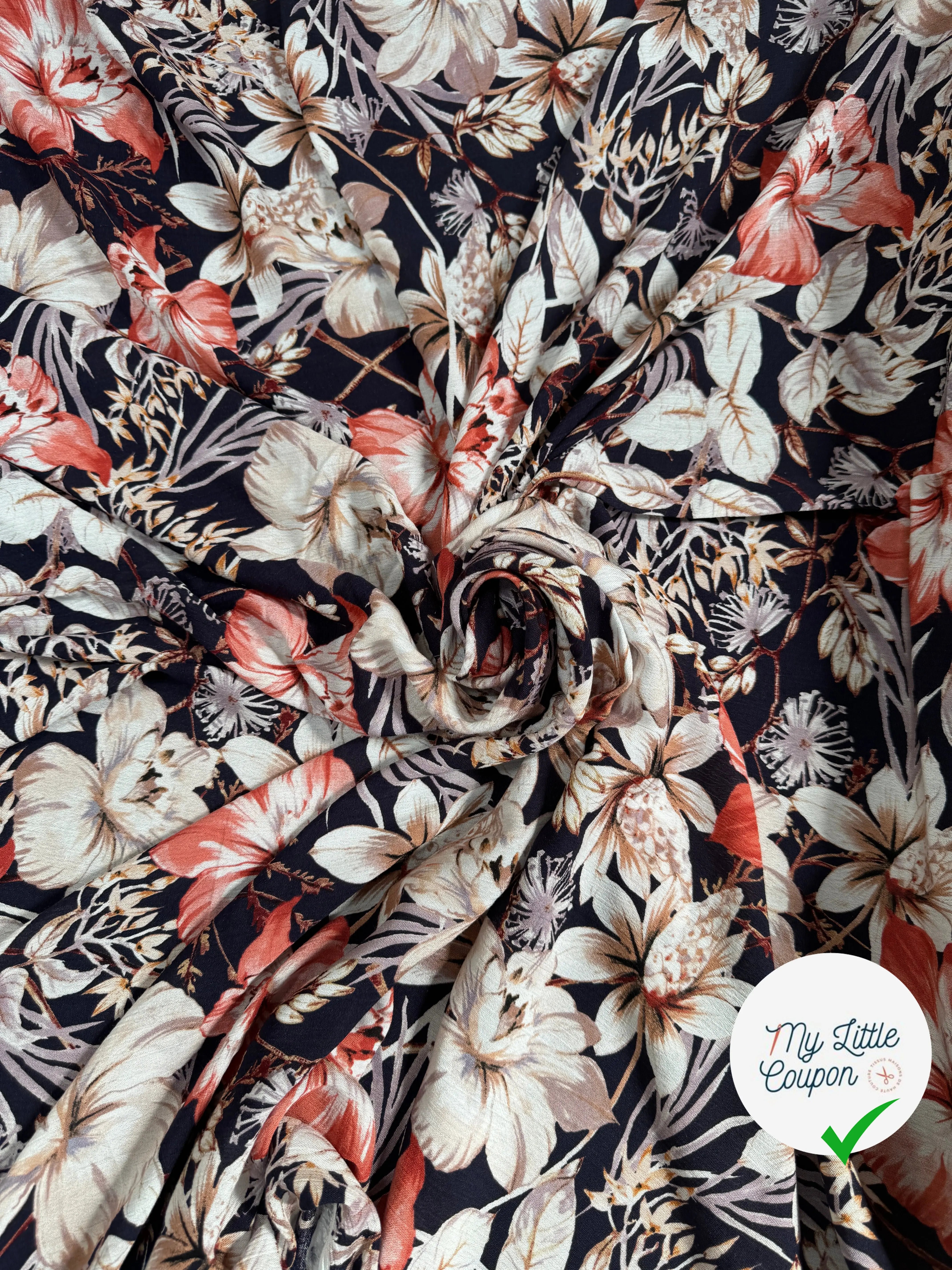 BORKEN CREPE TISSU IMPRIMÉ FLEURS BLEU MARINE - My Little Coupon
