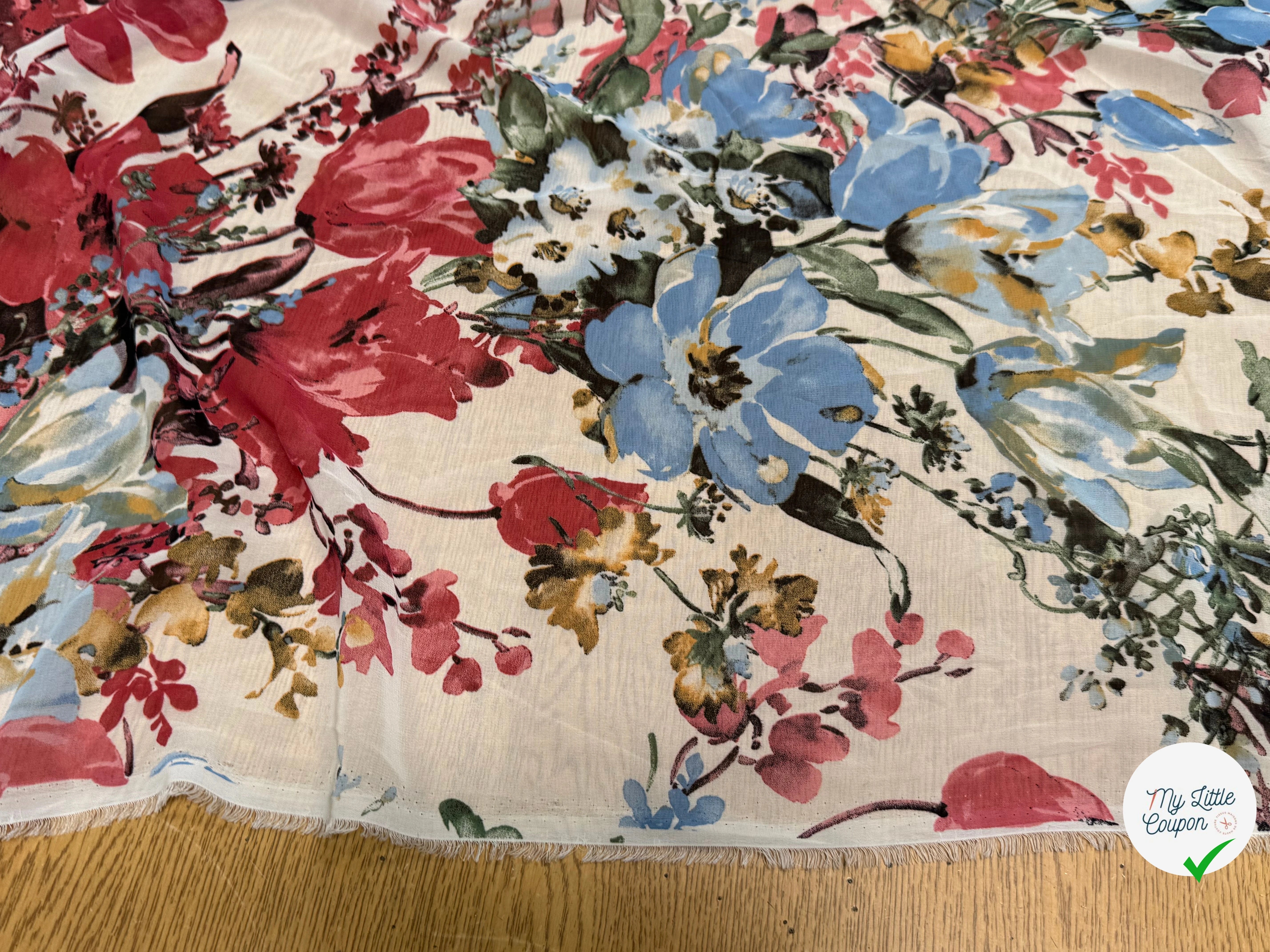 CHIFFON IMPRIMÉ GROSSES FLEURS BLEU ROUGE ULTRA BEAU - My Little Coupon