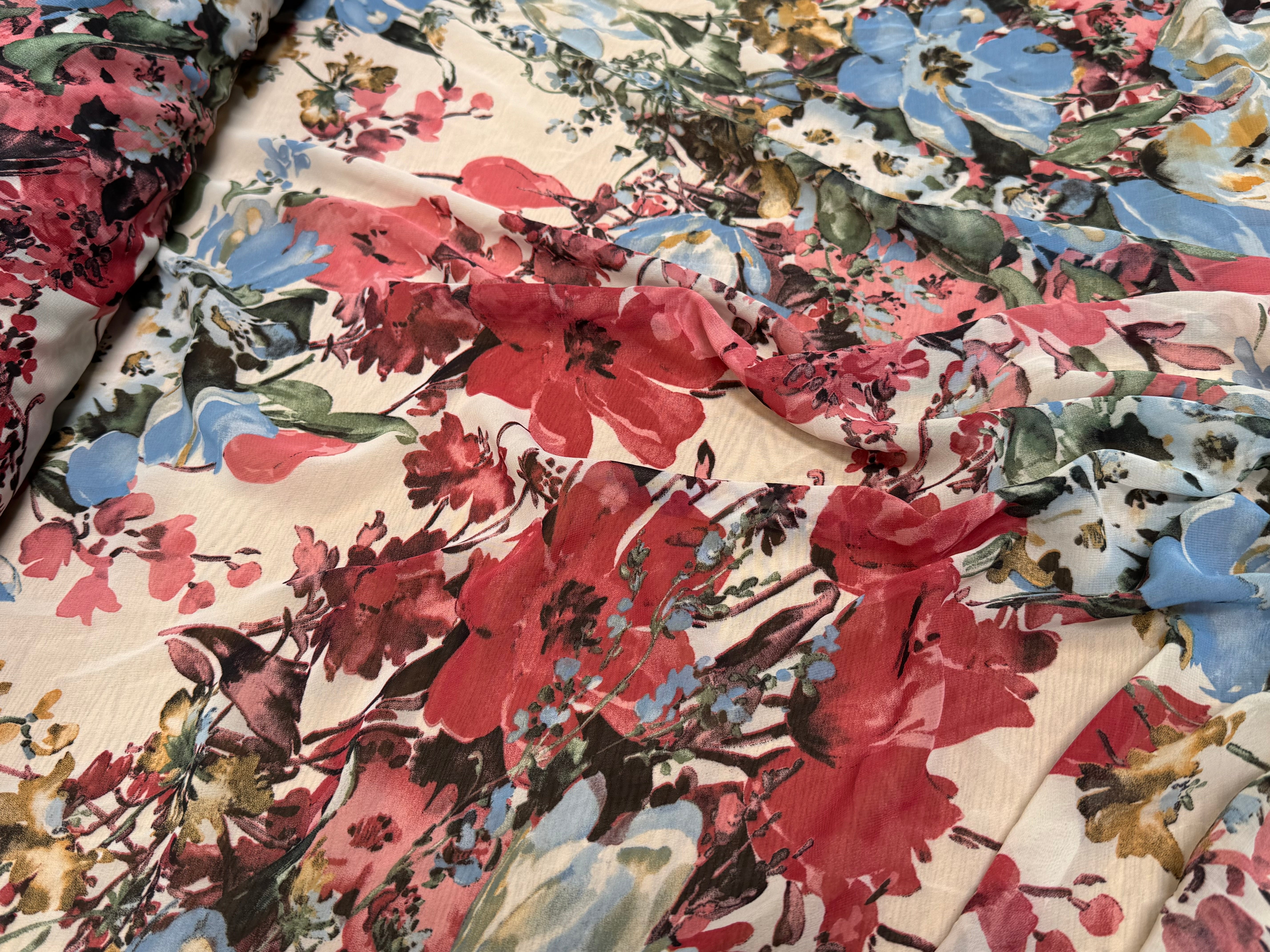 CHIFFON IMPRIMÉ GROSSES FLEURS BLEU ROUGE ULTRA BEAU - My Little Coupon