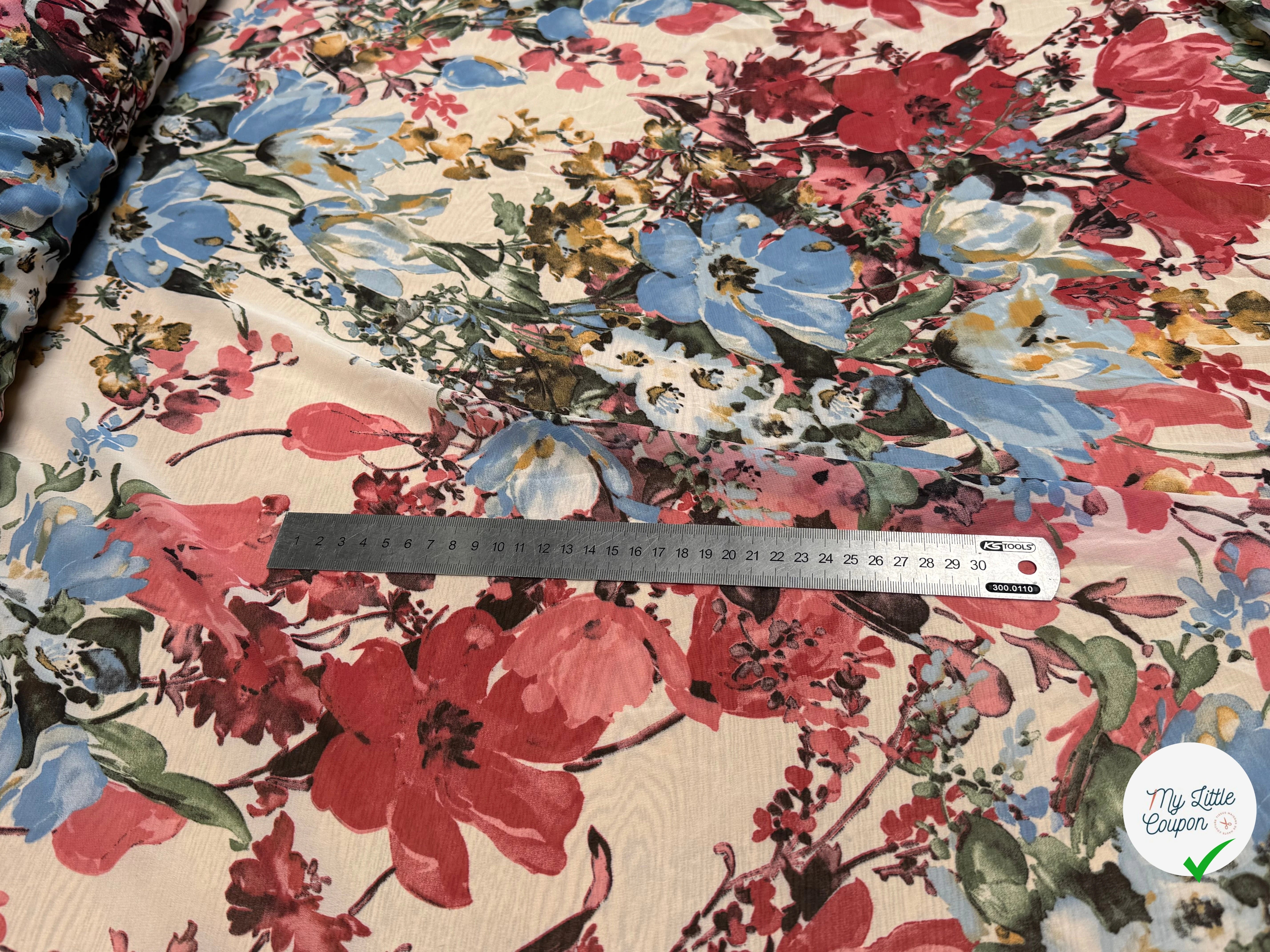 CHIFFON IMPRIMÉ GROSSES FLEURS BLEU ROUGE ULTRA BEAU - My Little Coupon