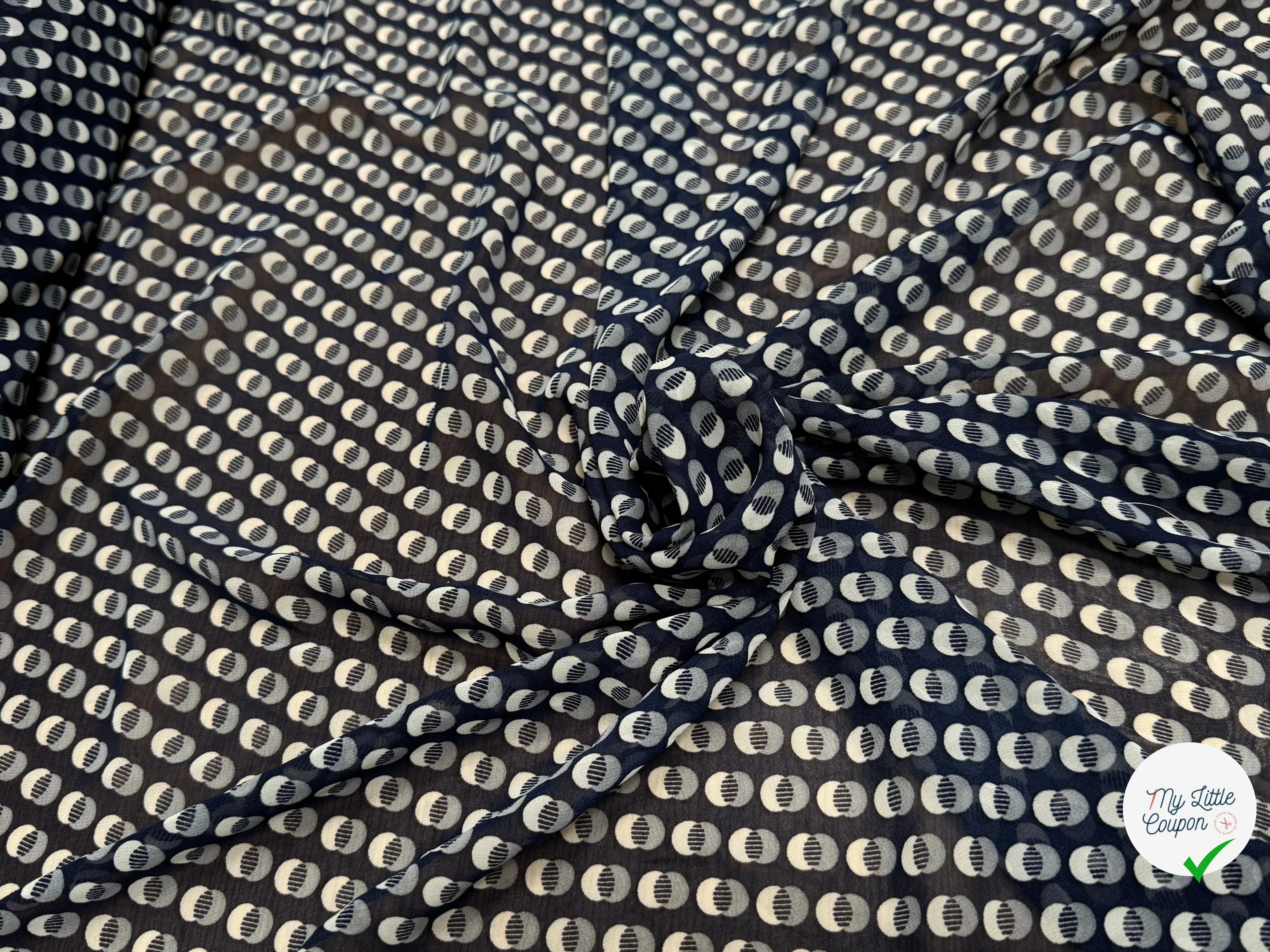 CHIFFON IMPRIMÉ MOTIFS CIRCULAIRES À OMBRE FOND MARINE - My Little Coupon