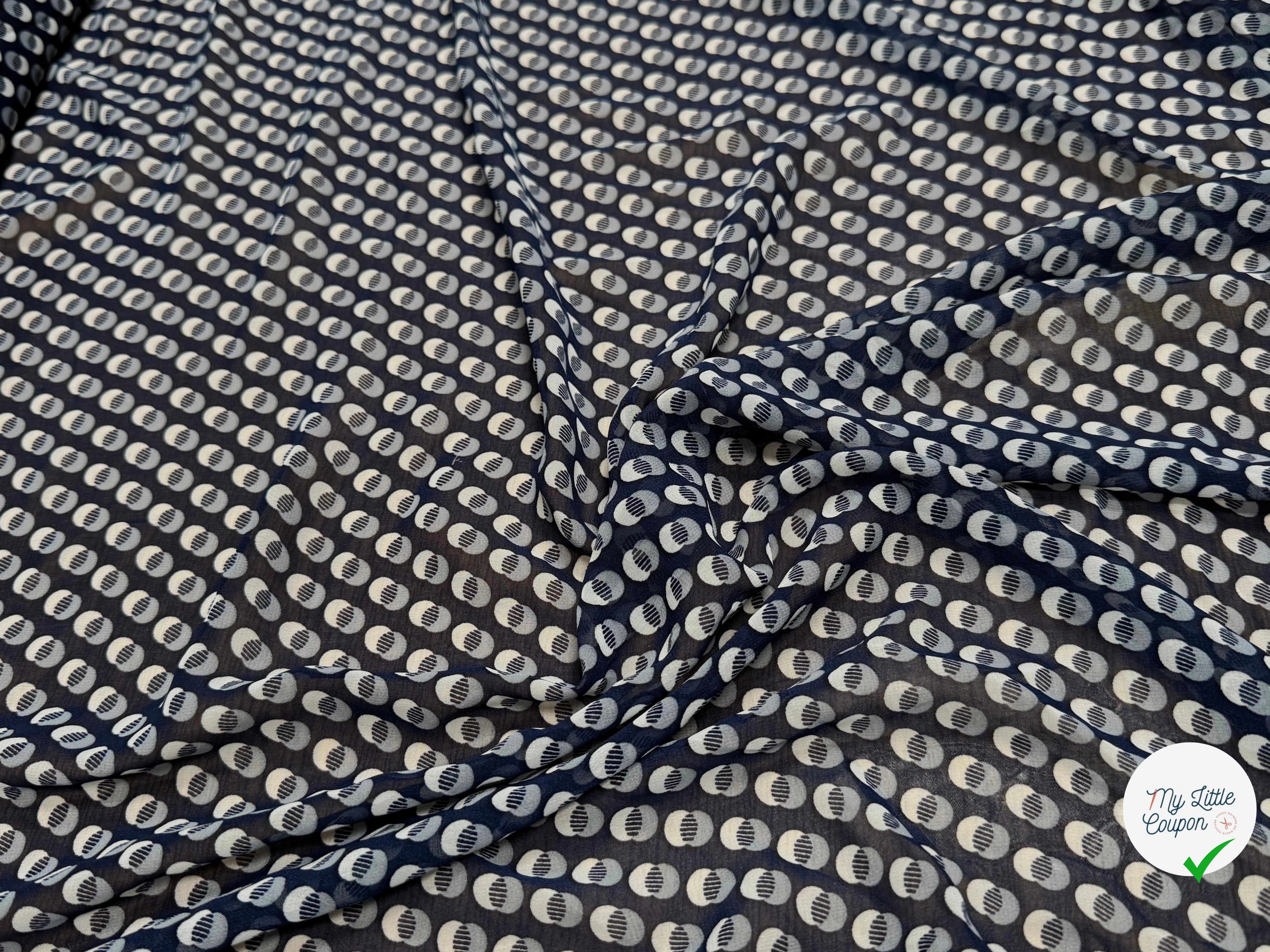 CHIFFON IMPRIMÉ MOTIFS CIRCULAIRES À OMBRE FOND MARINE - My Little Coupon