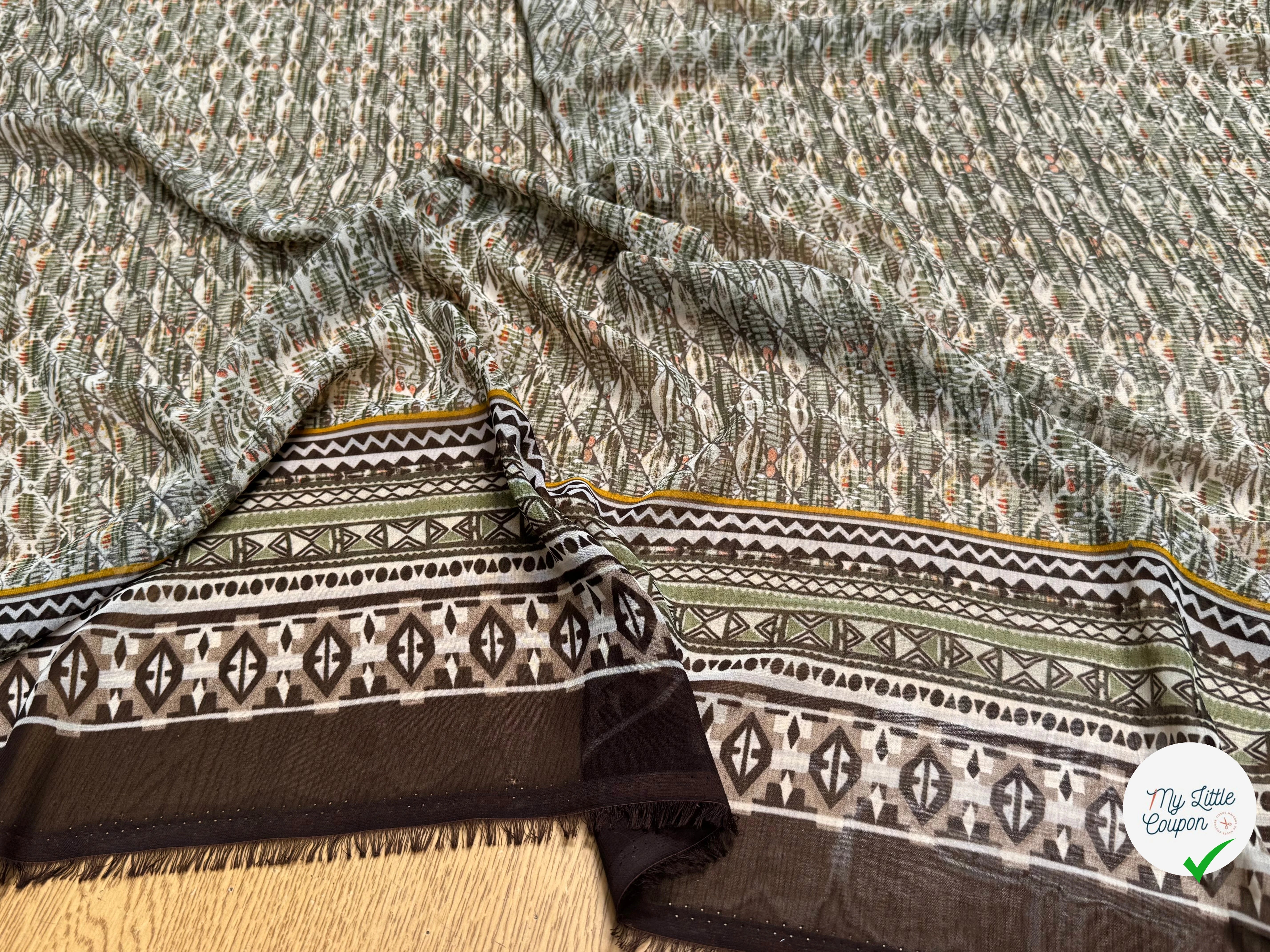 CHIFFON IMPRIMÉ MOTIFS GÉOMETRIQUES BEIGE KAKI - My Little Coupon