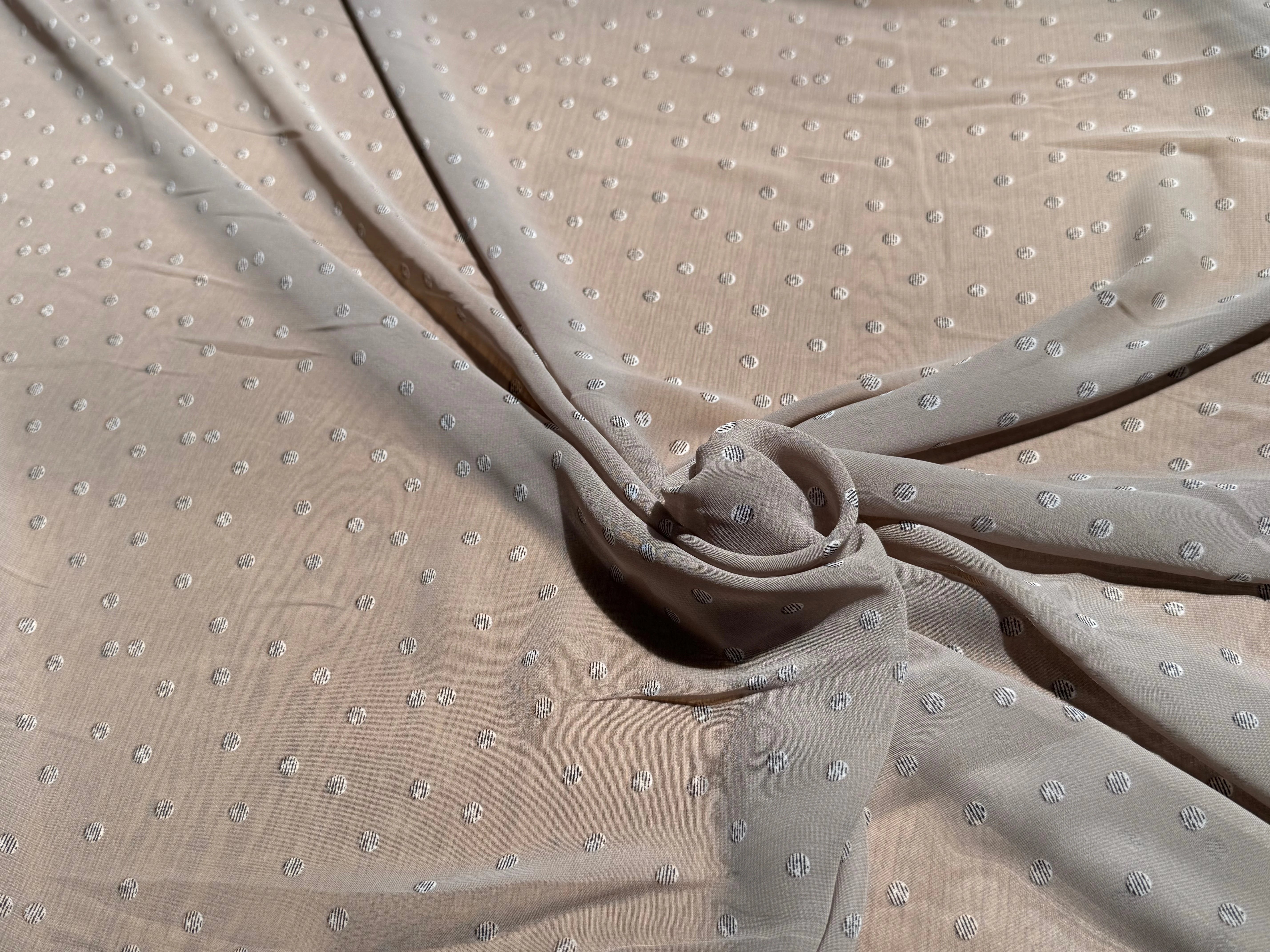 CHIFFON IMPRIMÉ POIS RAYÉS FOND BEIGE CENDRÉ - My Little Coupon