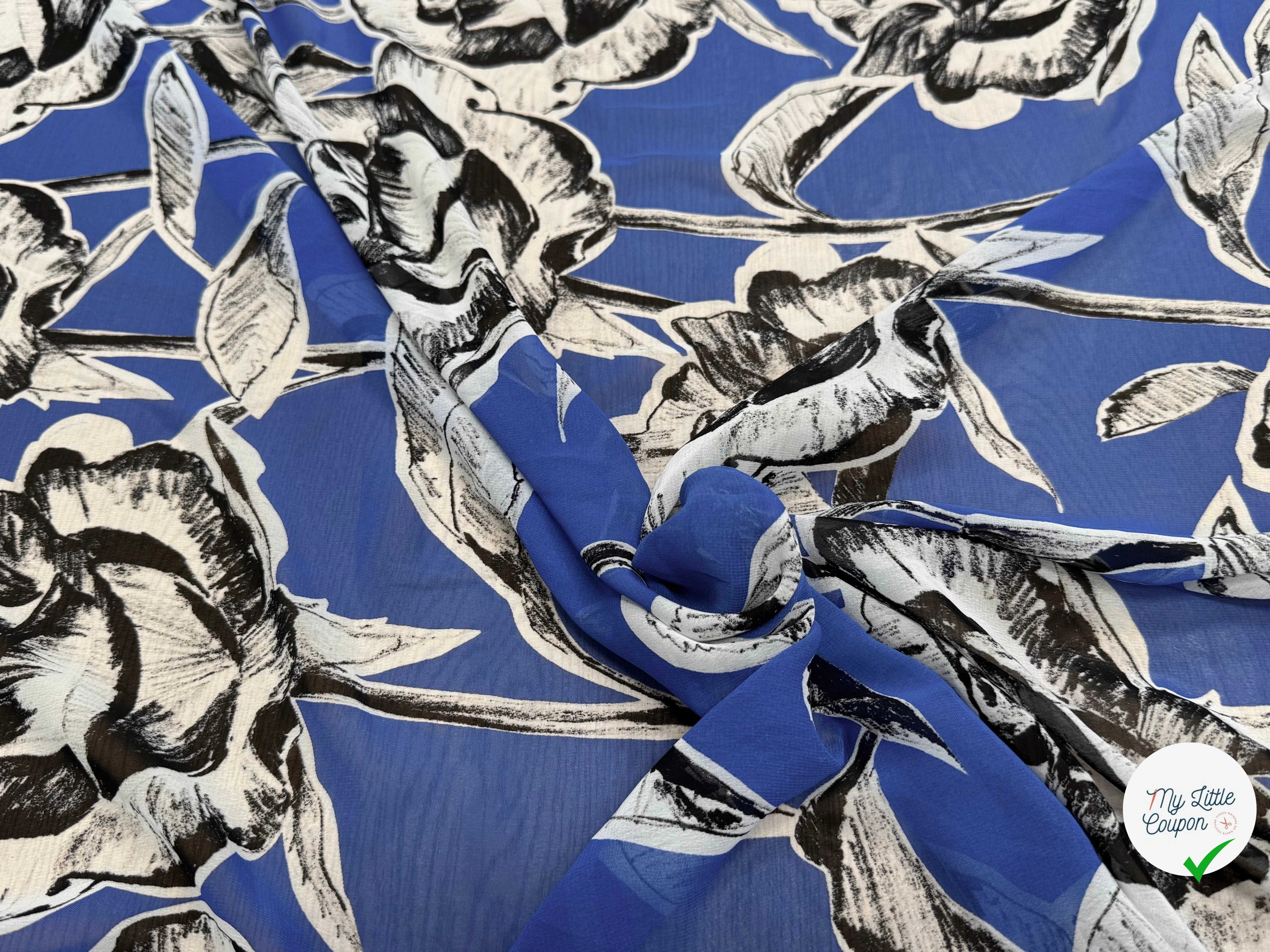 CHIFFON PRINTED FOND BLEU GROSSES FLEURS BLANC NOIR - My Little Coupon