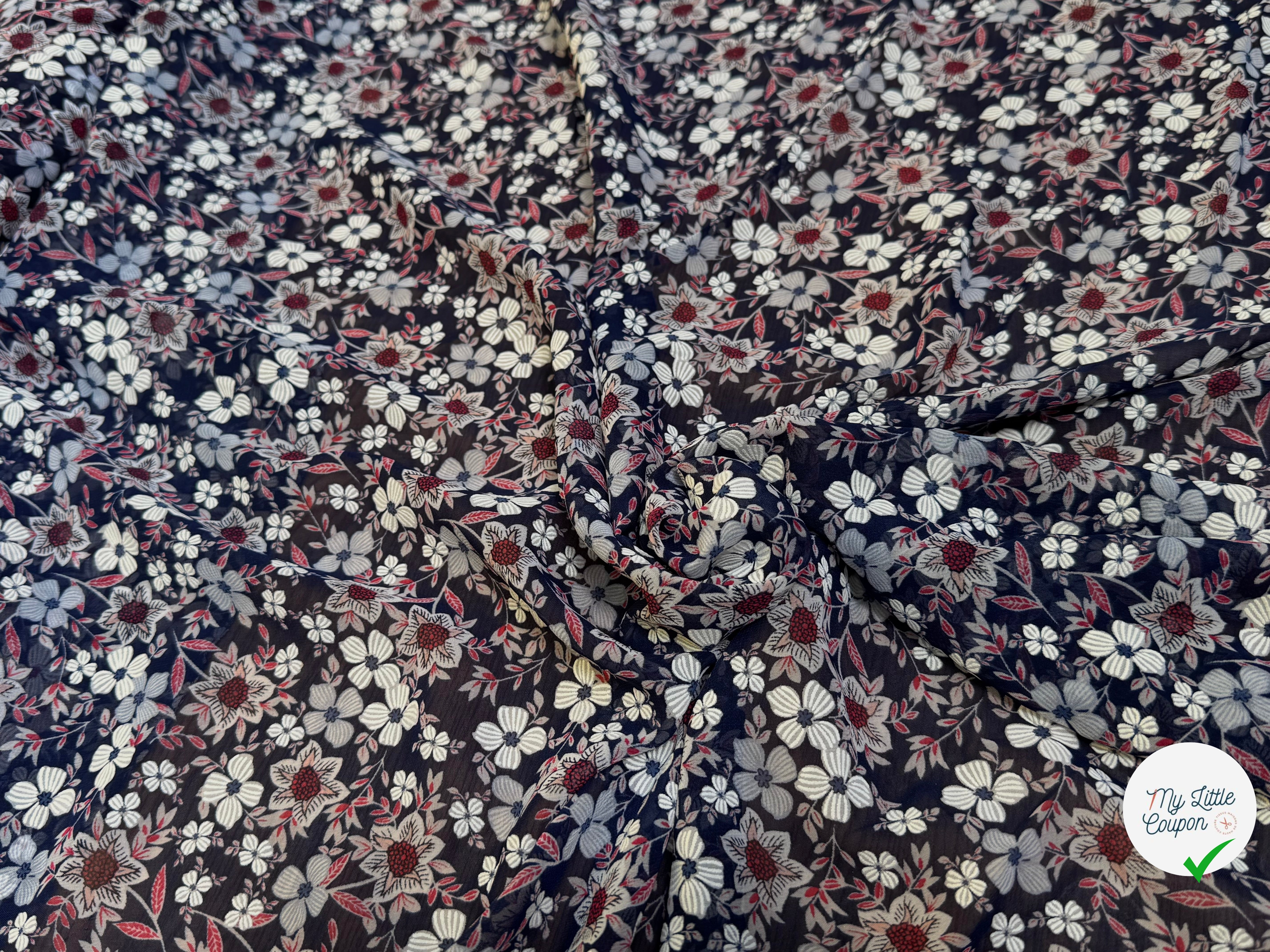 CHIFFON PRINTED JOLIES FLEURS FOND NAVY - My Little Coupon