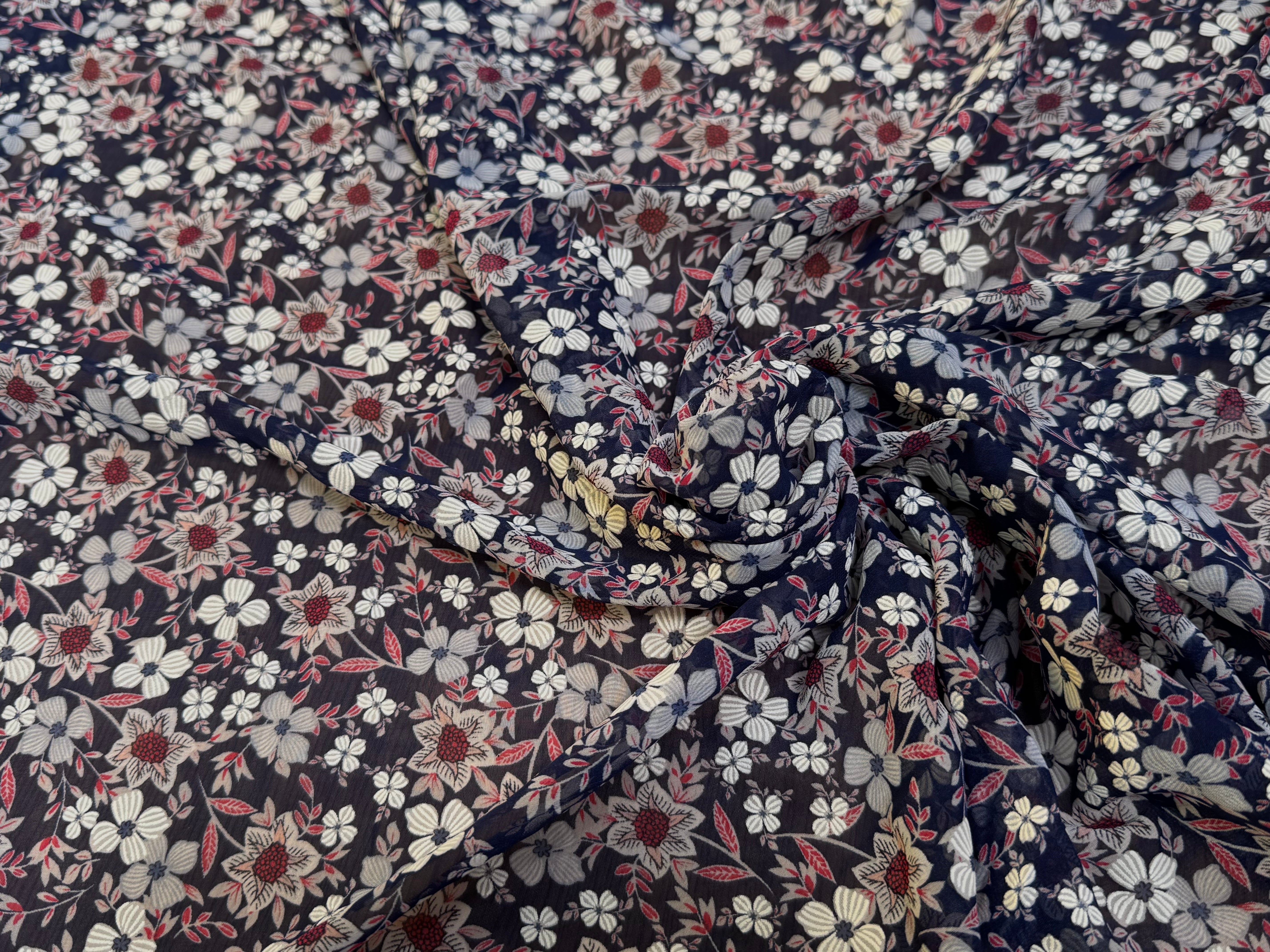 CHIFFON PRINTED JOLIES FLEURS FOND NAVY - My Little Coupon
