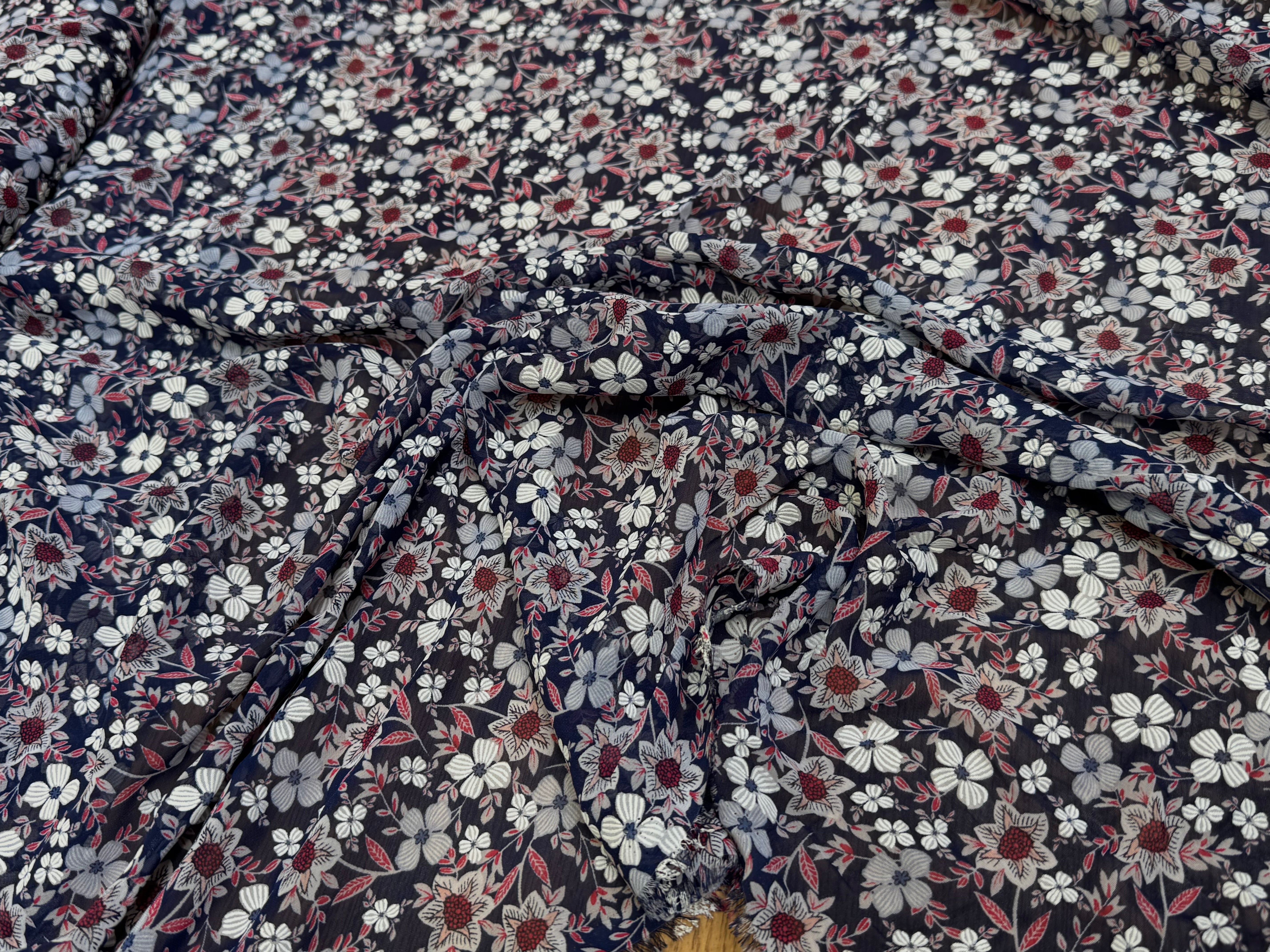 CHIFFON PRINTED JOLIES FLEURS FOND NAVY - My Little Coupon