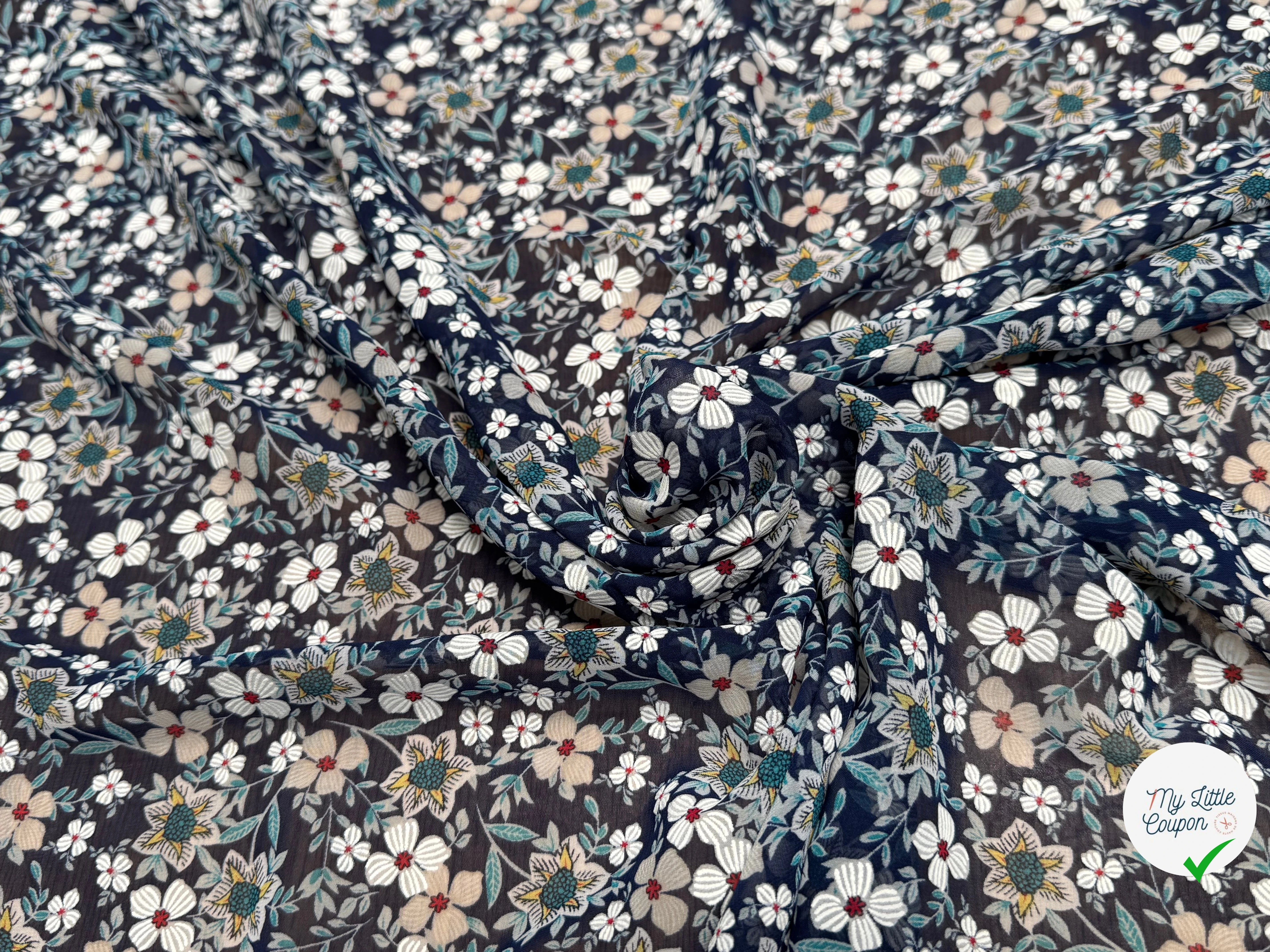 CHIFFON PRINTED JOLIES FLEURS MULTICOLORES FOND MARINE - My Little Coupon