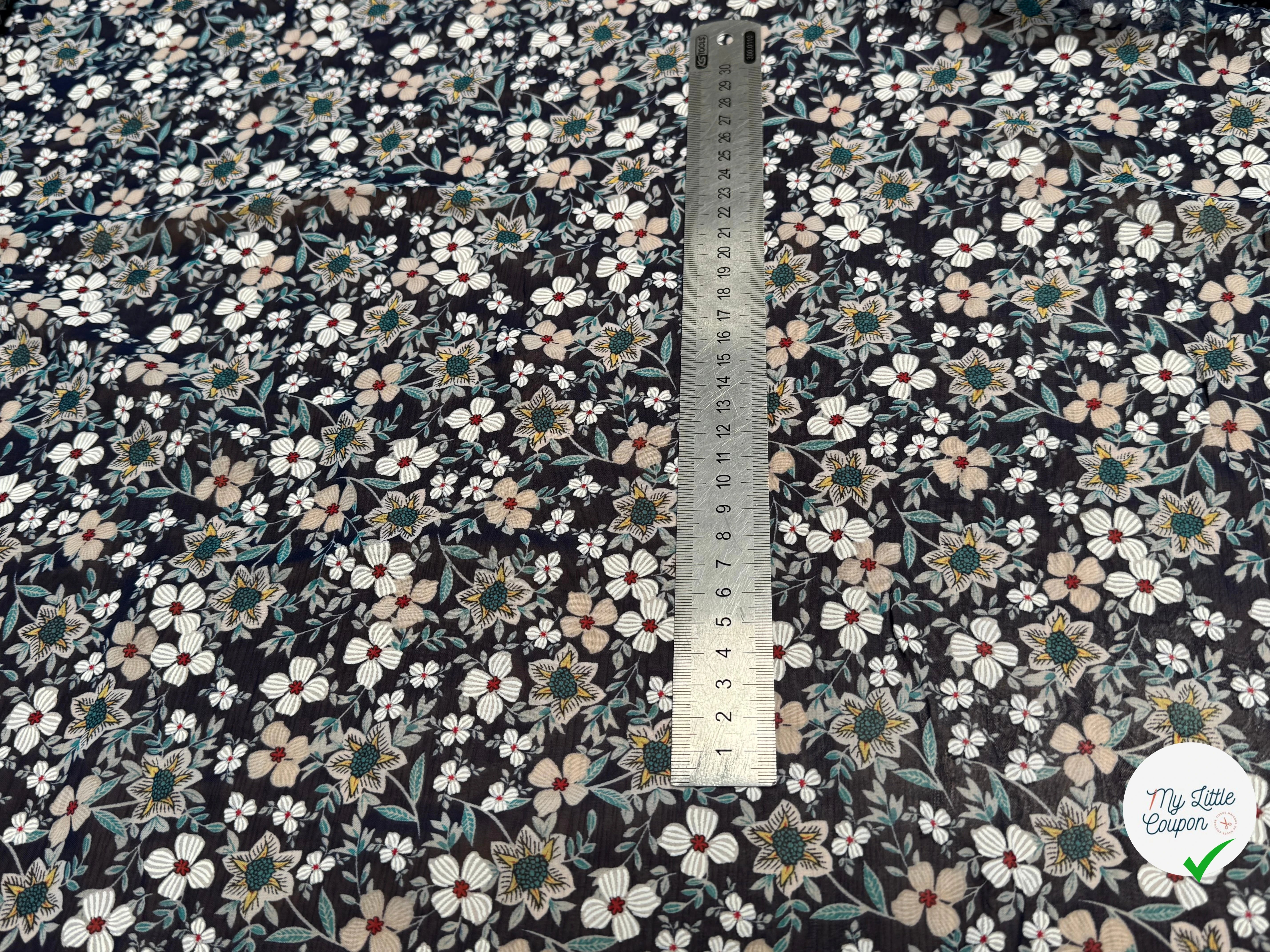 CHIFFON PRINTED JOLIES FLEURS MULTICOLORES FOND MARINE - My Little Coupon
