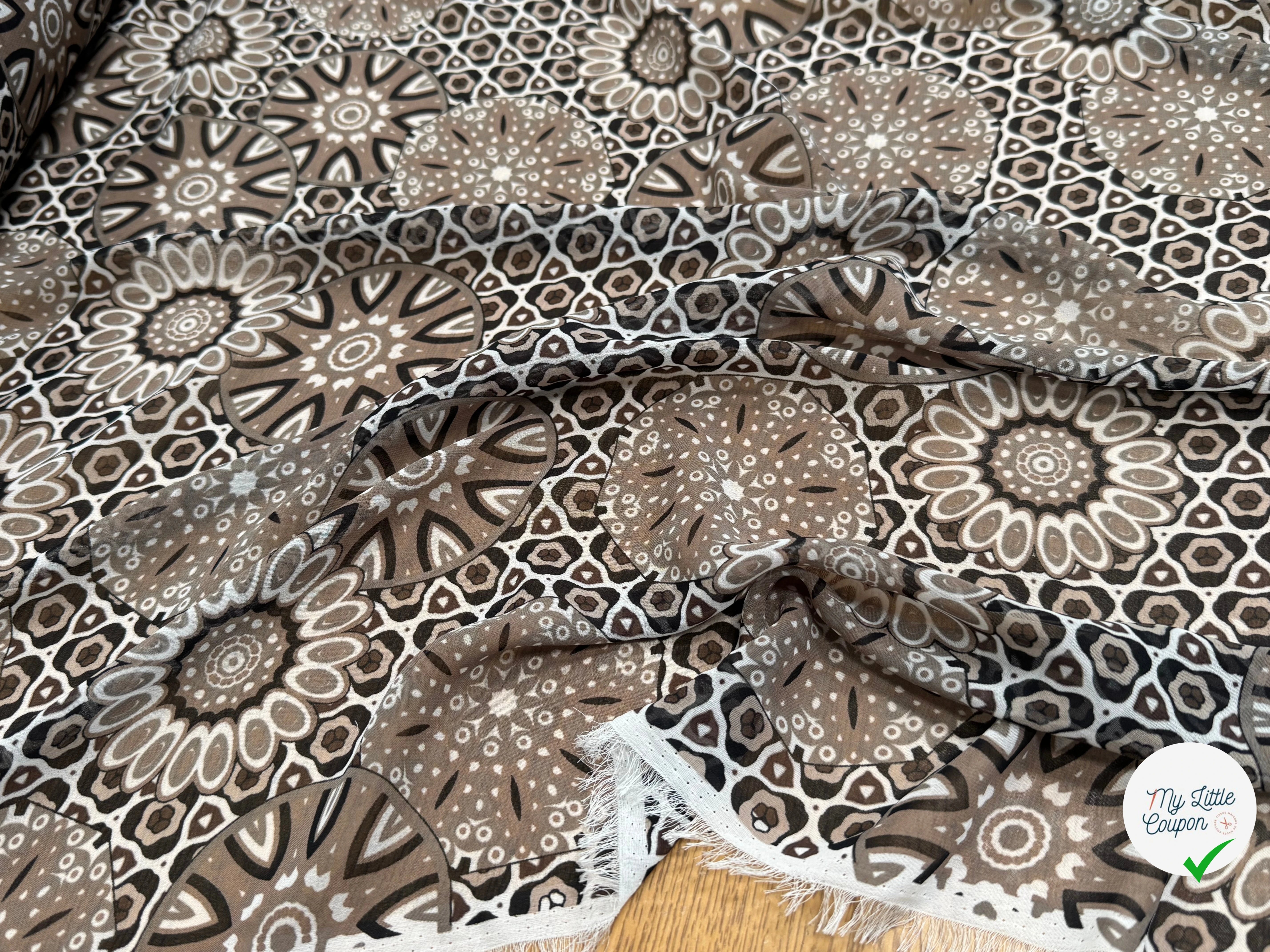 CHIFFON PRINTED MOTIF CIRCULAIRES GÉOMETRIQUES MARRON&NOIR - My Little Coupon